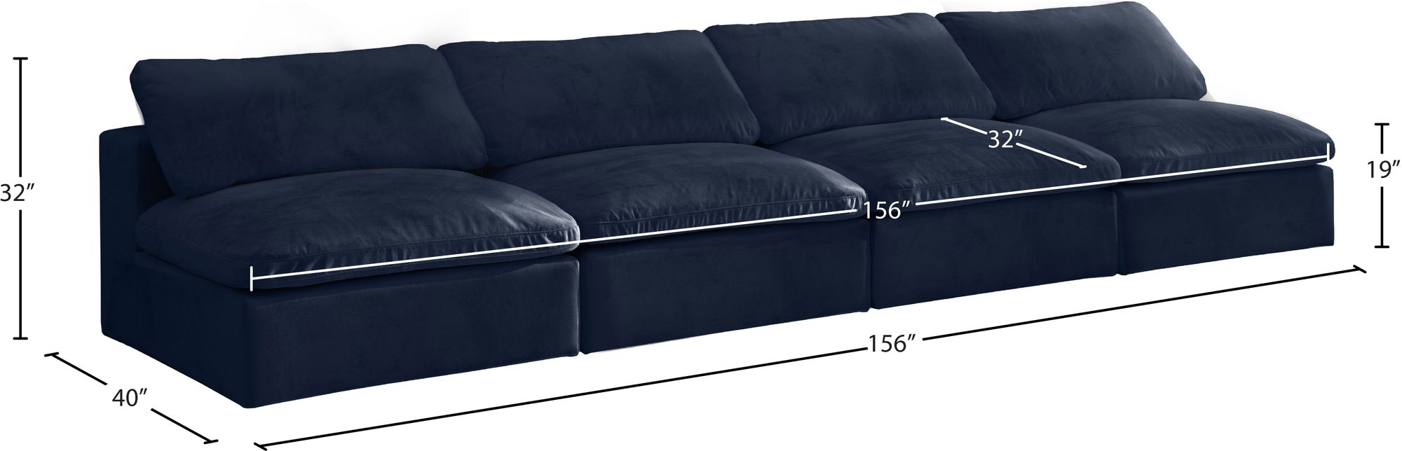 Cozy 156" Armless Velvet Comfort Modular Sofa