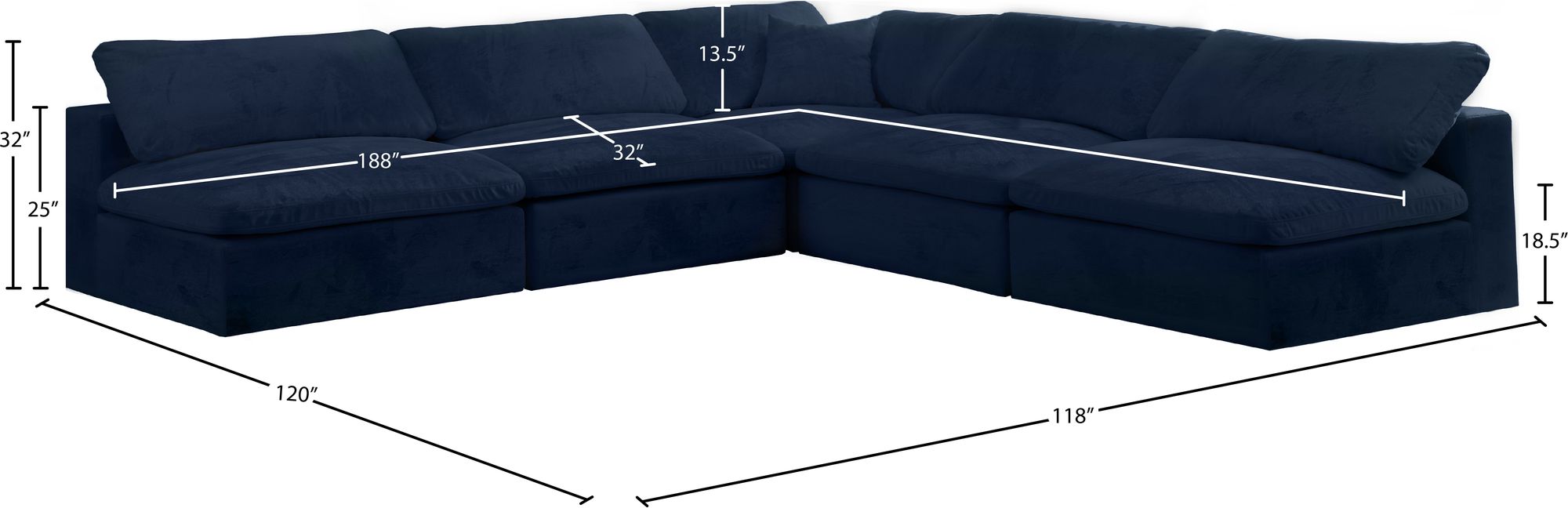 Cozy 118" 5-Piece Velvet Comfort Modular Armless Sectional