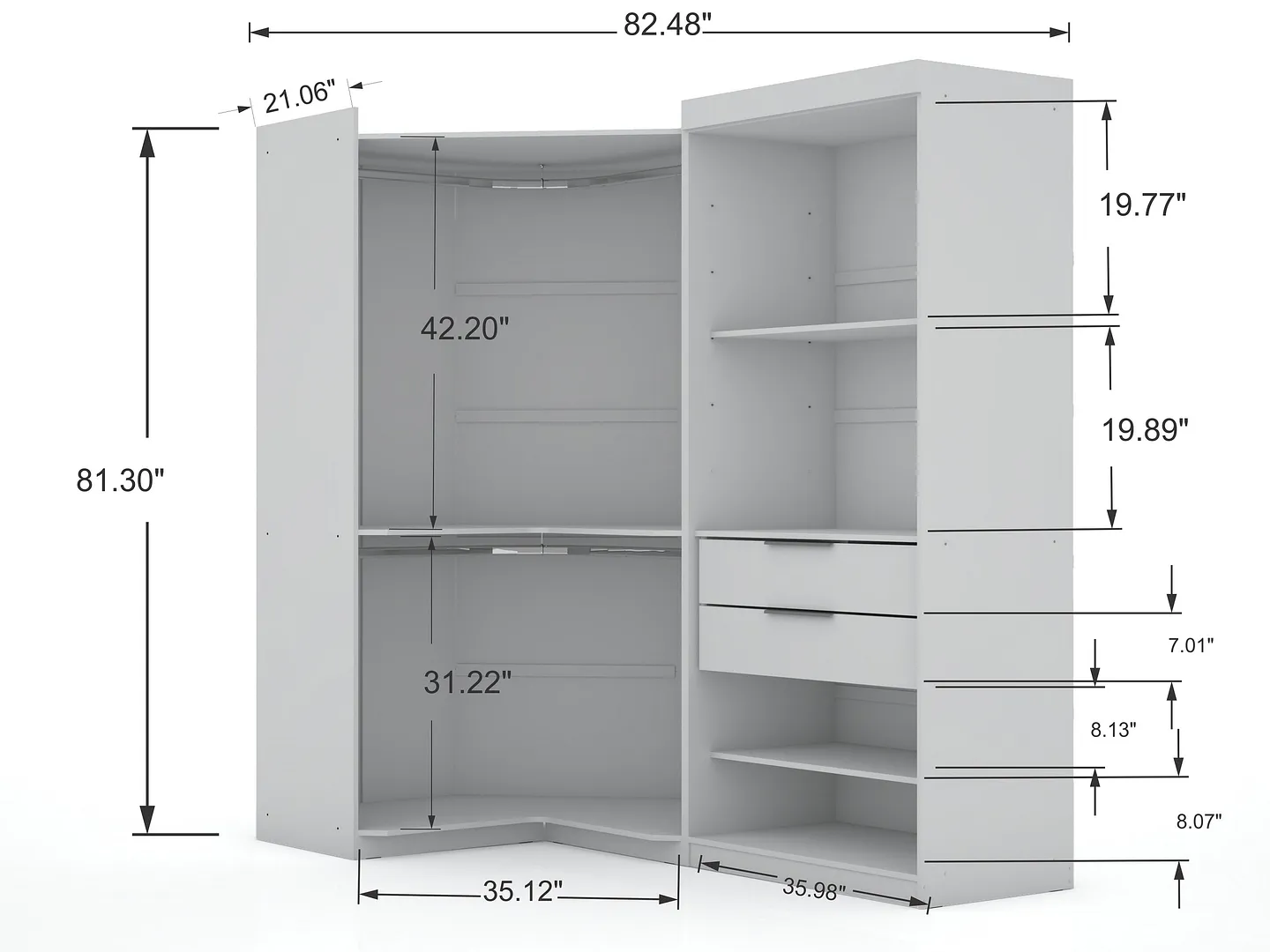 Mulberry 2.0 Semi Open 2 Sectional Wardrobe Corner Closet w/2 Drawers
