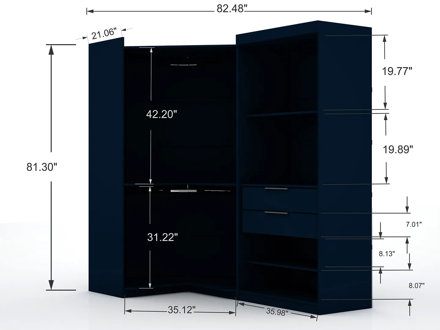 Mulberry 2.0 Semi Open 2 Sectional Wardrobe Corner Closet w/2 Drawers