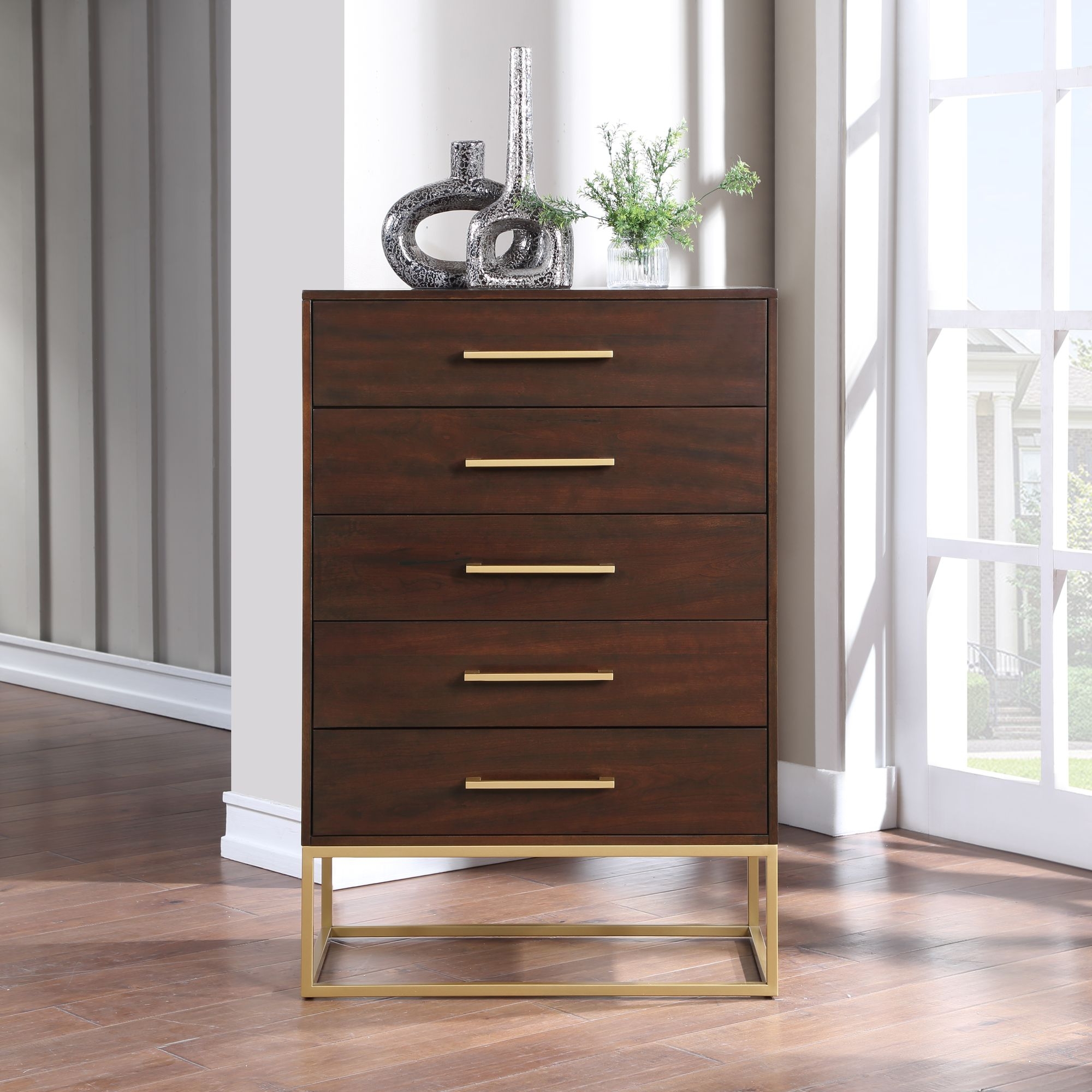 Maxine 5-Drawer Wood Chest with Brushed Gold Metal Legs & Handles