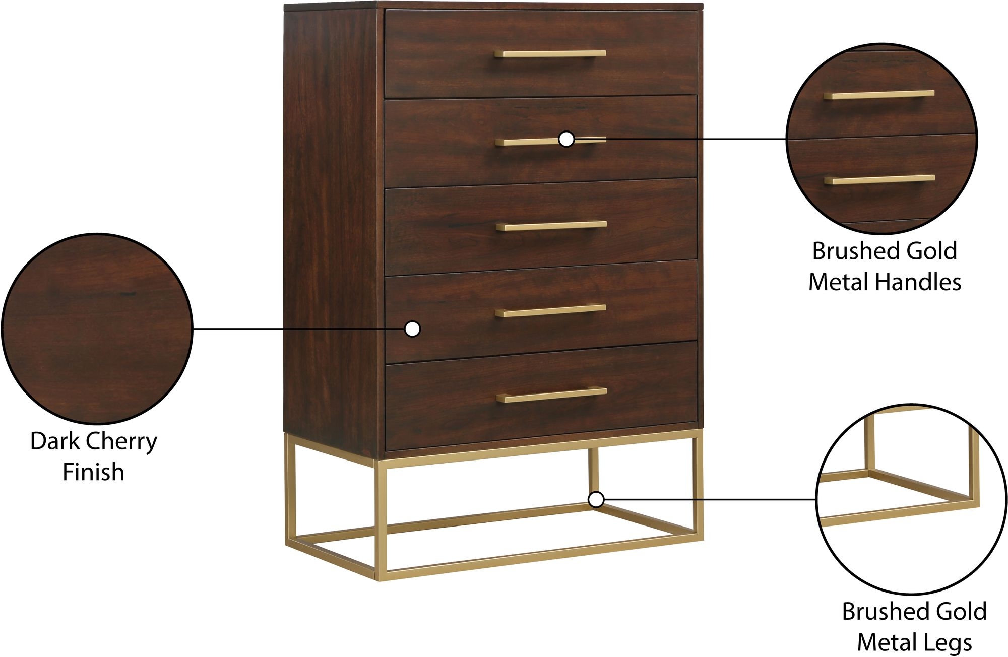 Maxine 5-Drawer Wood Chest with Brushed Gold Metal Legs & Handles