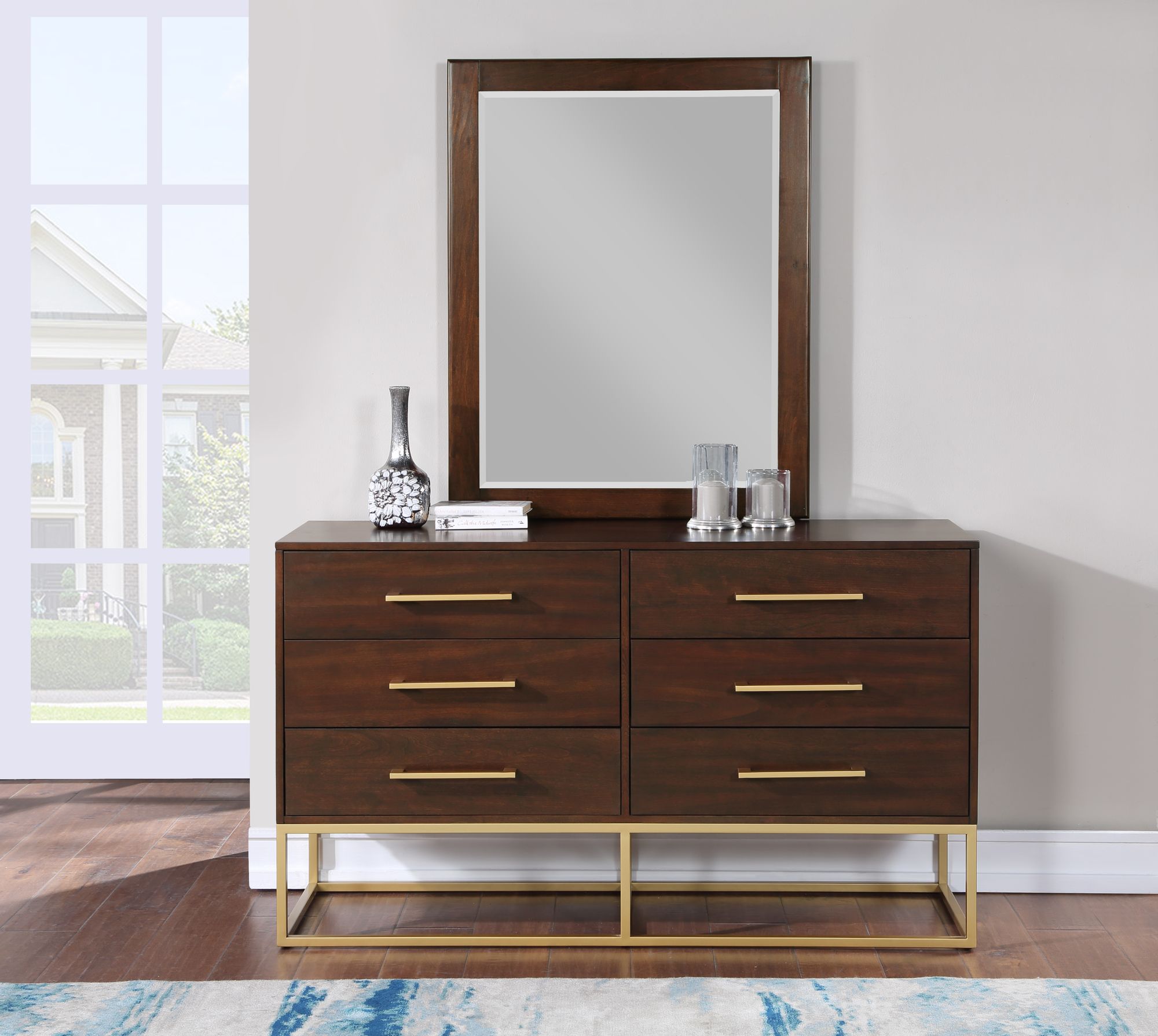 Maxine 6-Drawer Wood Dresser with Brushed Gold Metal Legs & Handles