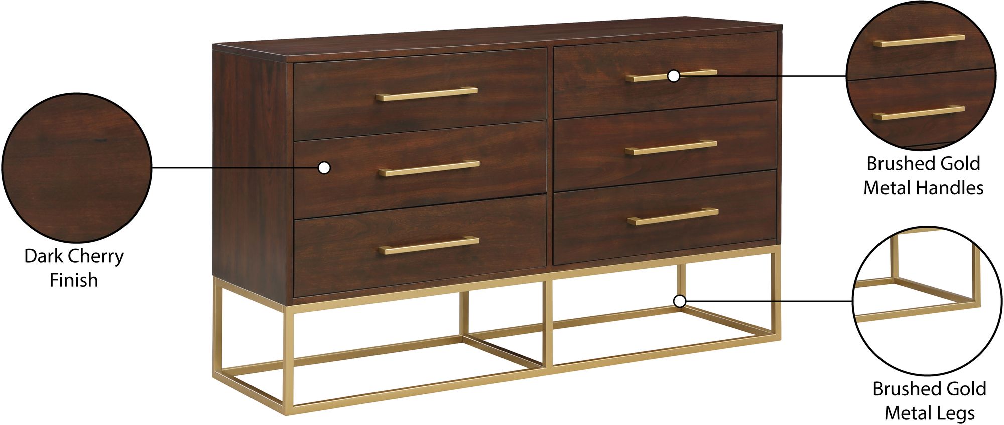 Maxine 6-Drawer Wood Dresser with Brushed Gold Metal Legs & Handles