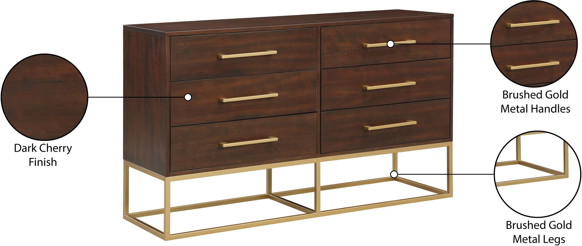 Maxine 6-Drawer Wood Dresser with Brushed Gold Metal Legs & Handles