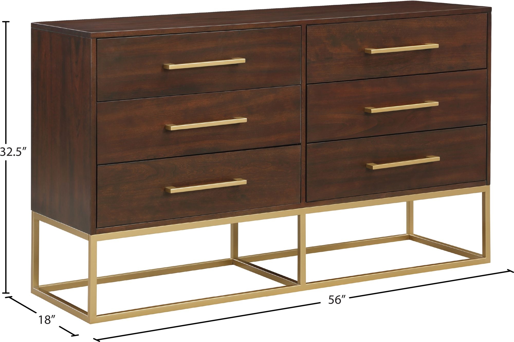 Maxine 6-Drawer Wood Dresser with Brushed Gold Metal Legs & Handles