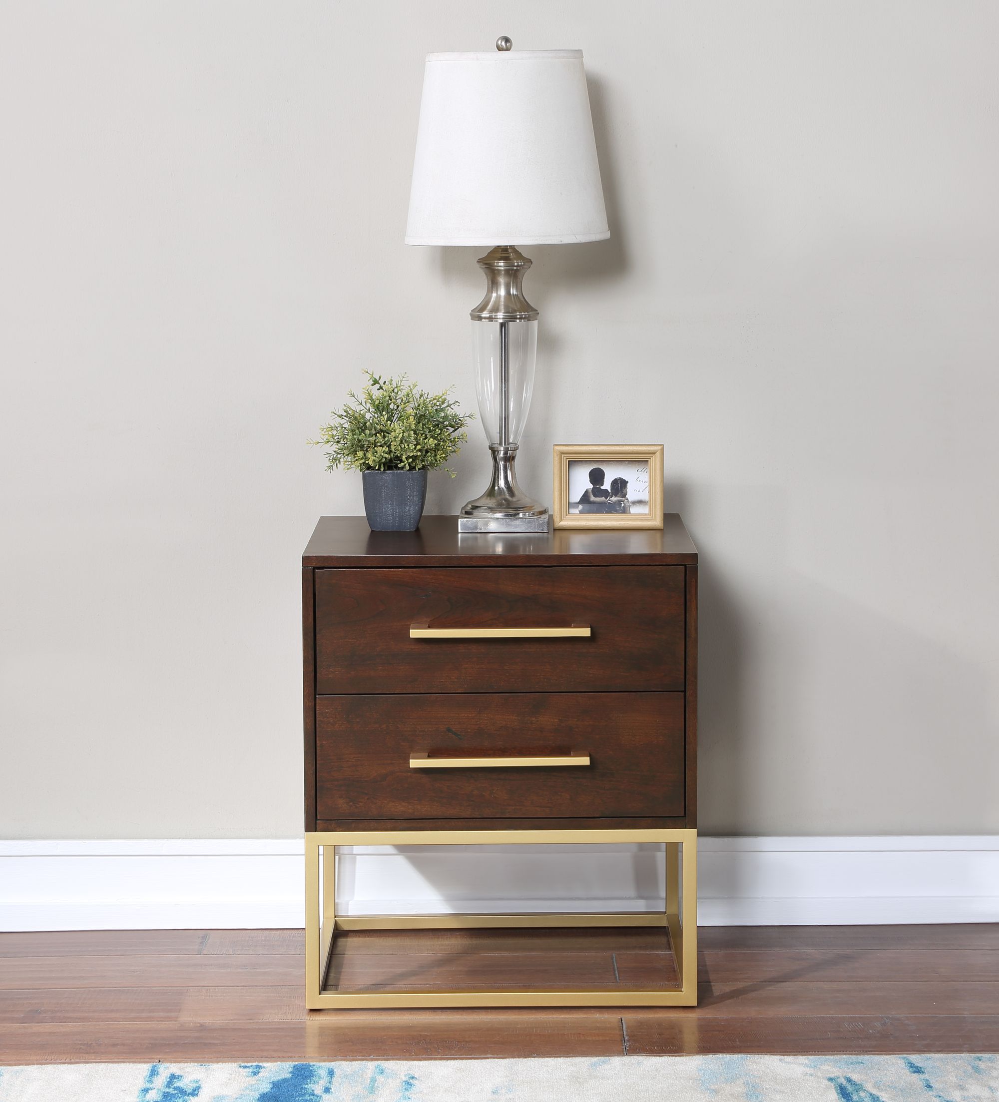 Maxine 2-Drawer Wood Veneer Nightstand with Brushed Gold Metal Legs & Handles