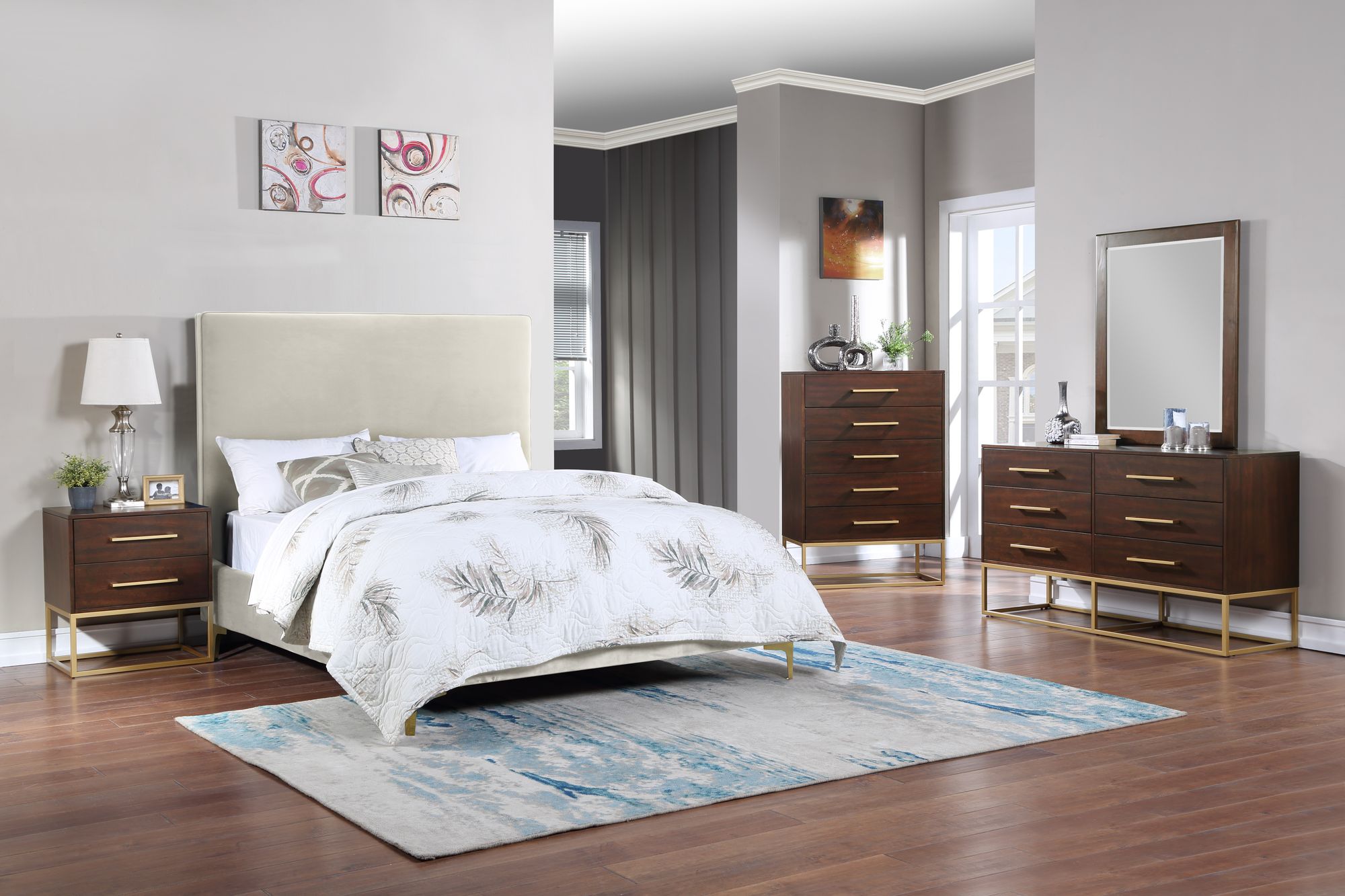 Maxine 2-Drawer Wood Veneer Nightstand with Brushed Gold Metal Legs & Handles