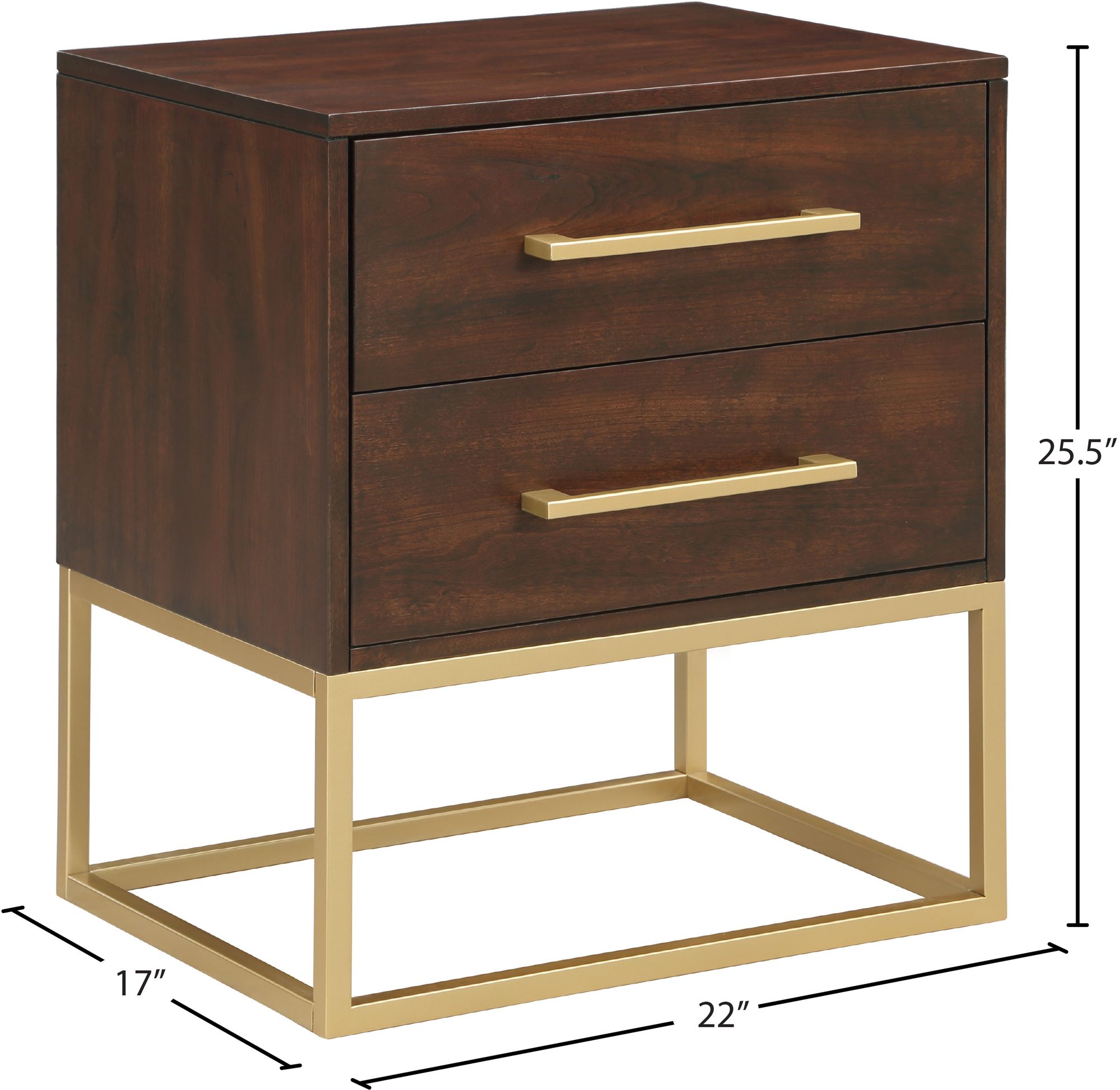 Maxine 2-Drawer Wood Veneer Nightstand with Brushed Gold Metal Legs & Handles