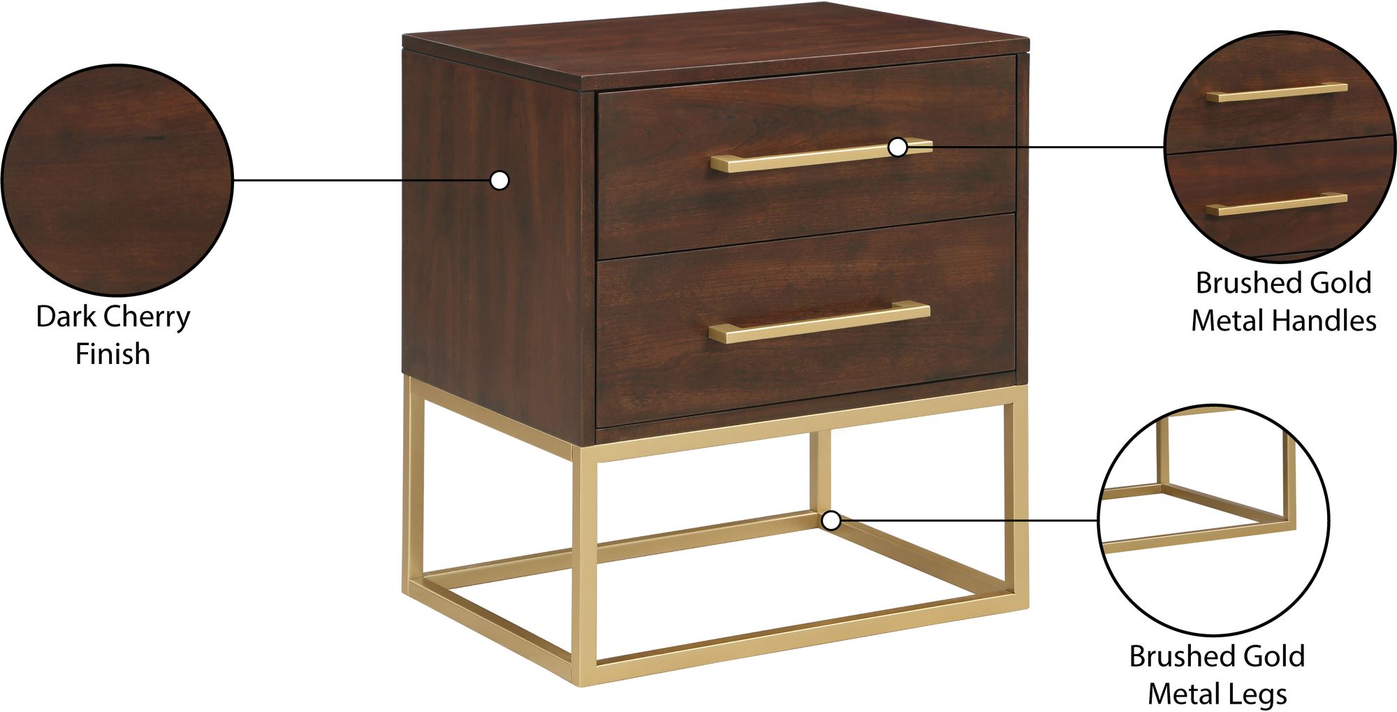 Maxine 2-Drawer Wood Veneer Nightstand with Brushed Gold Metal Legs & Handles