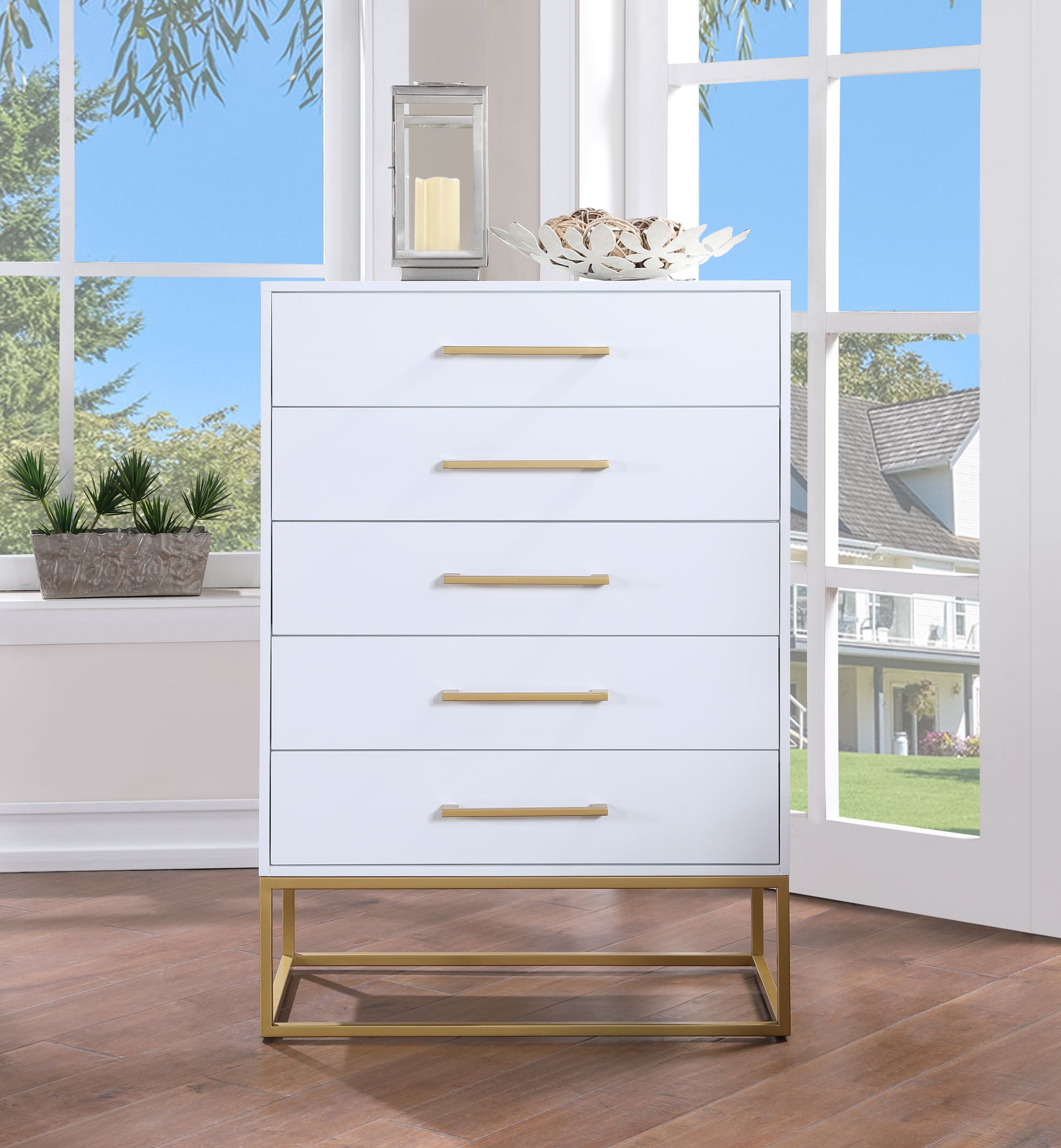 Maxine 5-Drawer Wood Chest with Brushed Gold Metal Legs & Handles