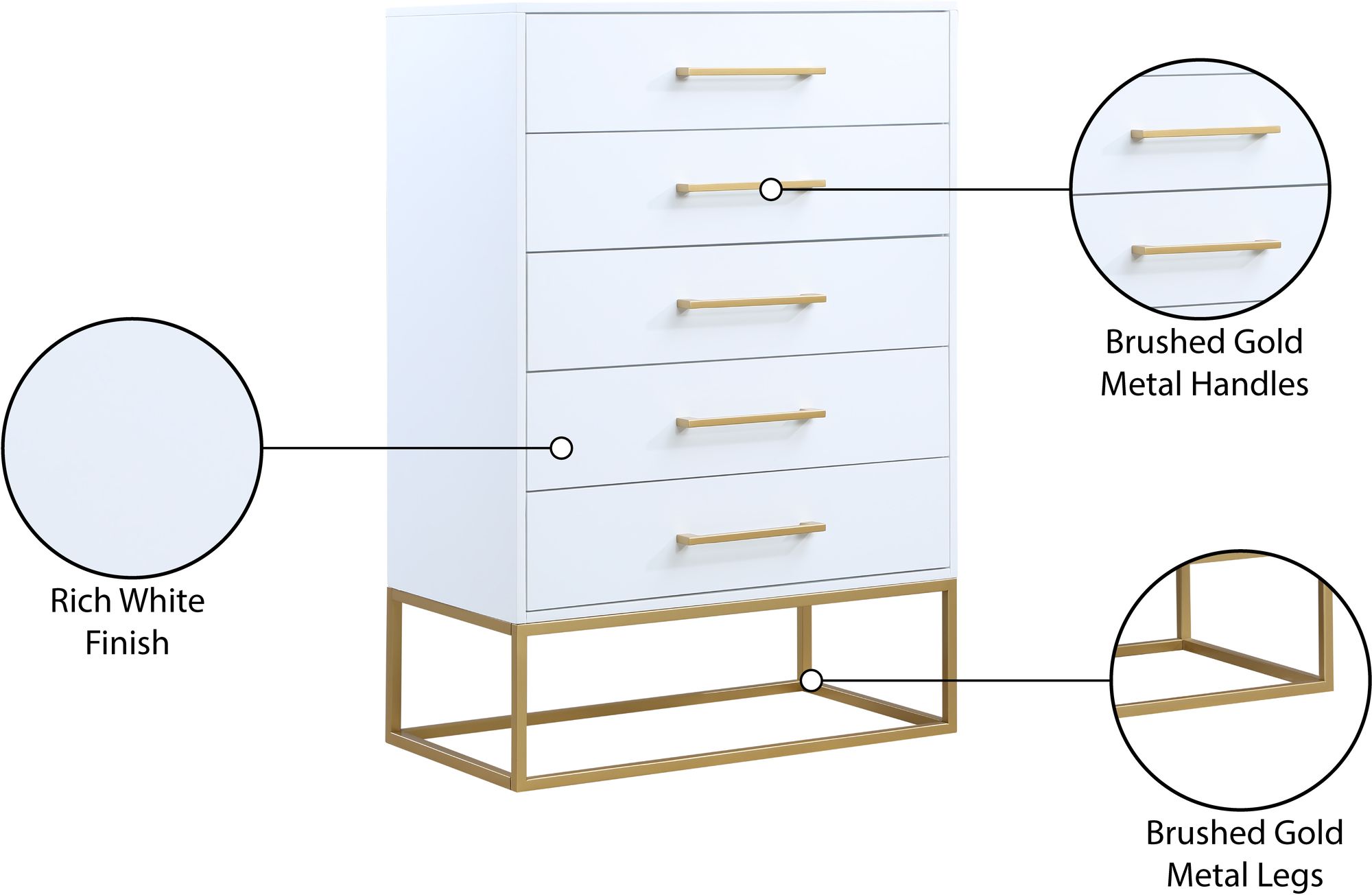 Maxine 5-Drawer Wood Chest with Brushed Gold Metal Legs & Handles