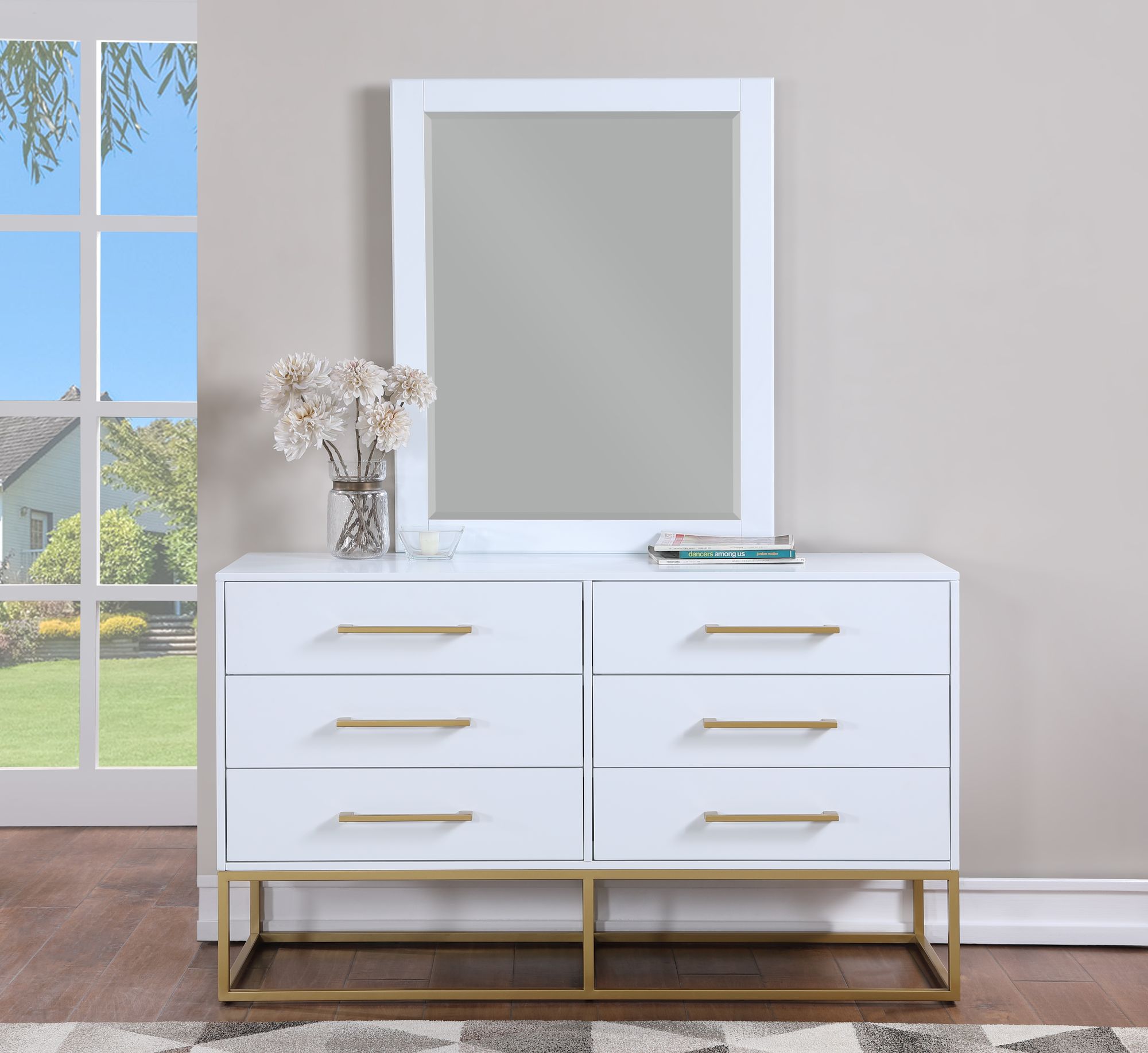 Maxine 6-Drawer Wood Dresser with Brushed Gold Metal Legs & Handles