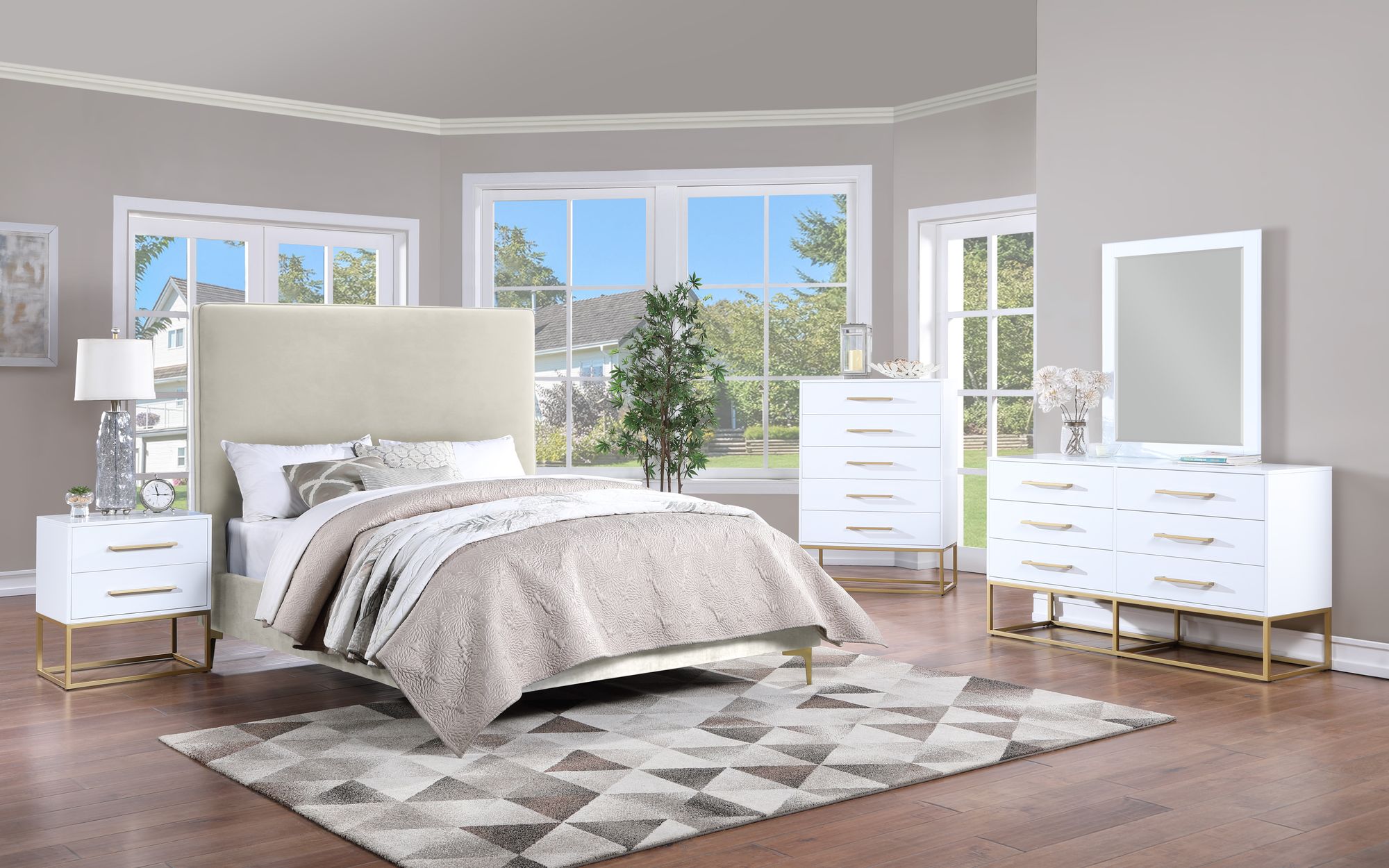 Maxine 6-Drawer Wood Dresser with Brushed Gold Metal Legs & Handles