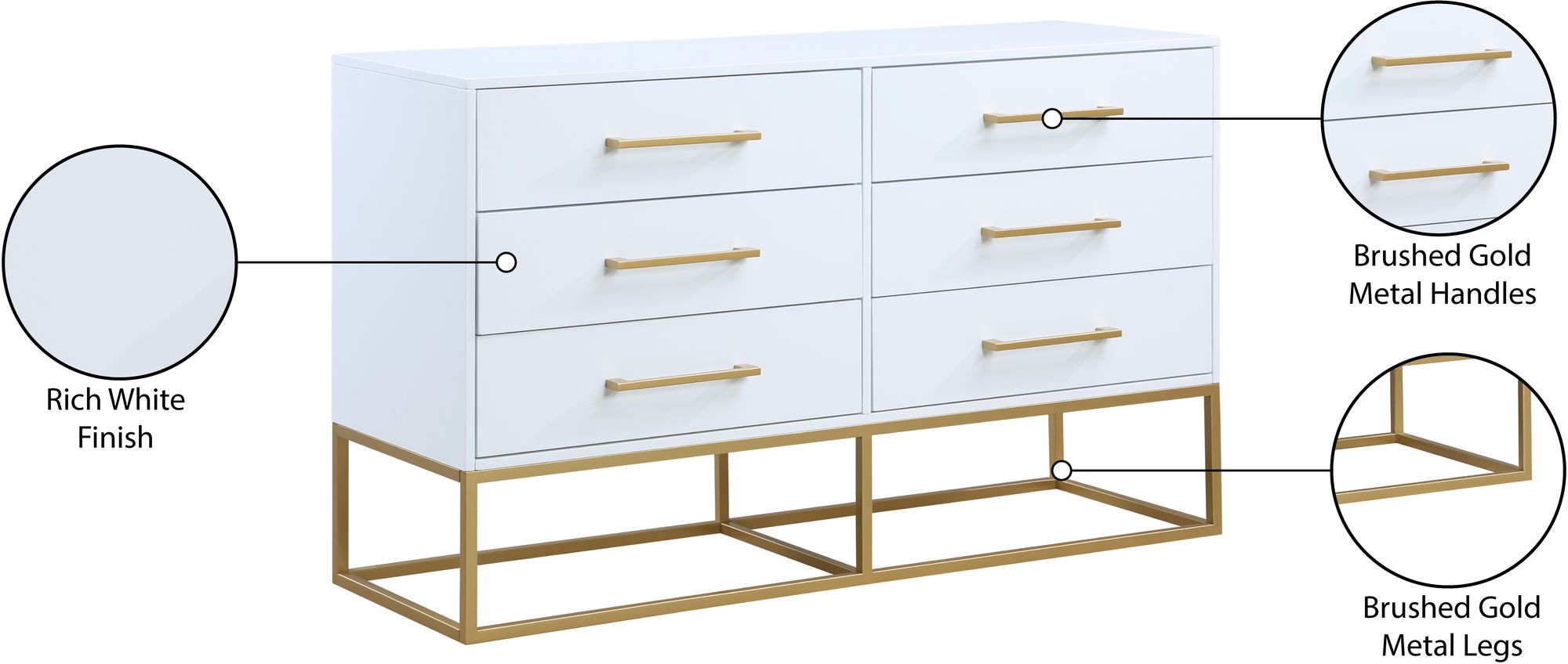 Maxine 6-Drawer Wood Dresser with Brushed Gold Metal Legs & Handles