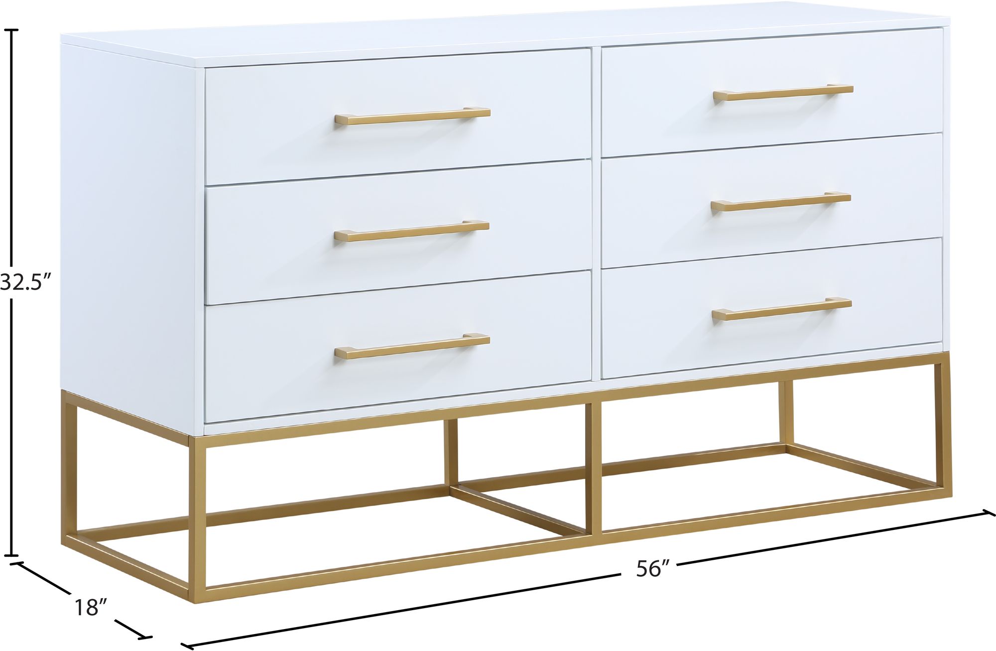Maxine 6-Drawer Wood Dresser with Brushed Gold Metal Legs & Handles
