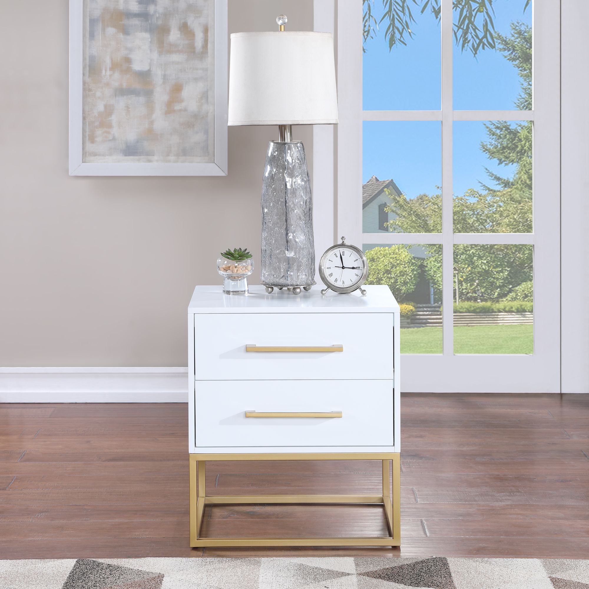Marisol 3-Drawer Wood Veneer Nightstand with Brushed Gold Metal Legs & Handles