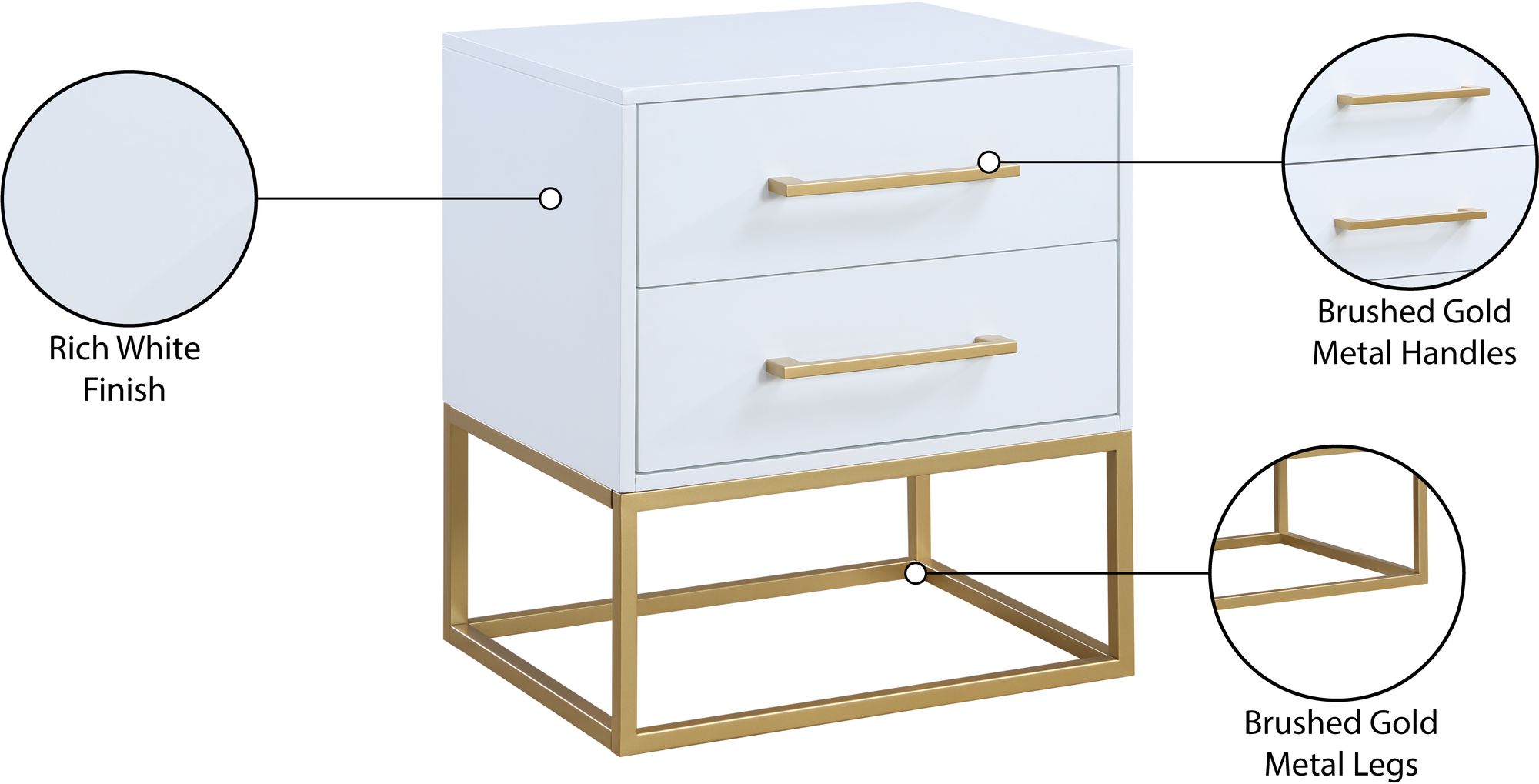 Marisol 3-Drawer Wood Veneer Nightstand with Brushed Gold Metal Legs & Handles