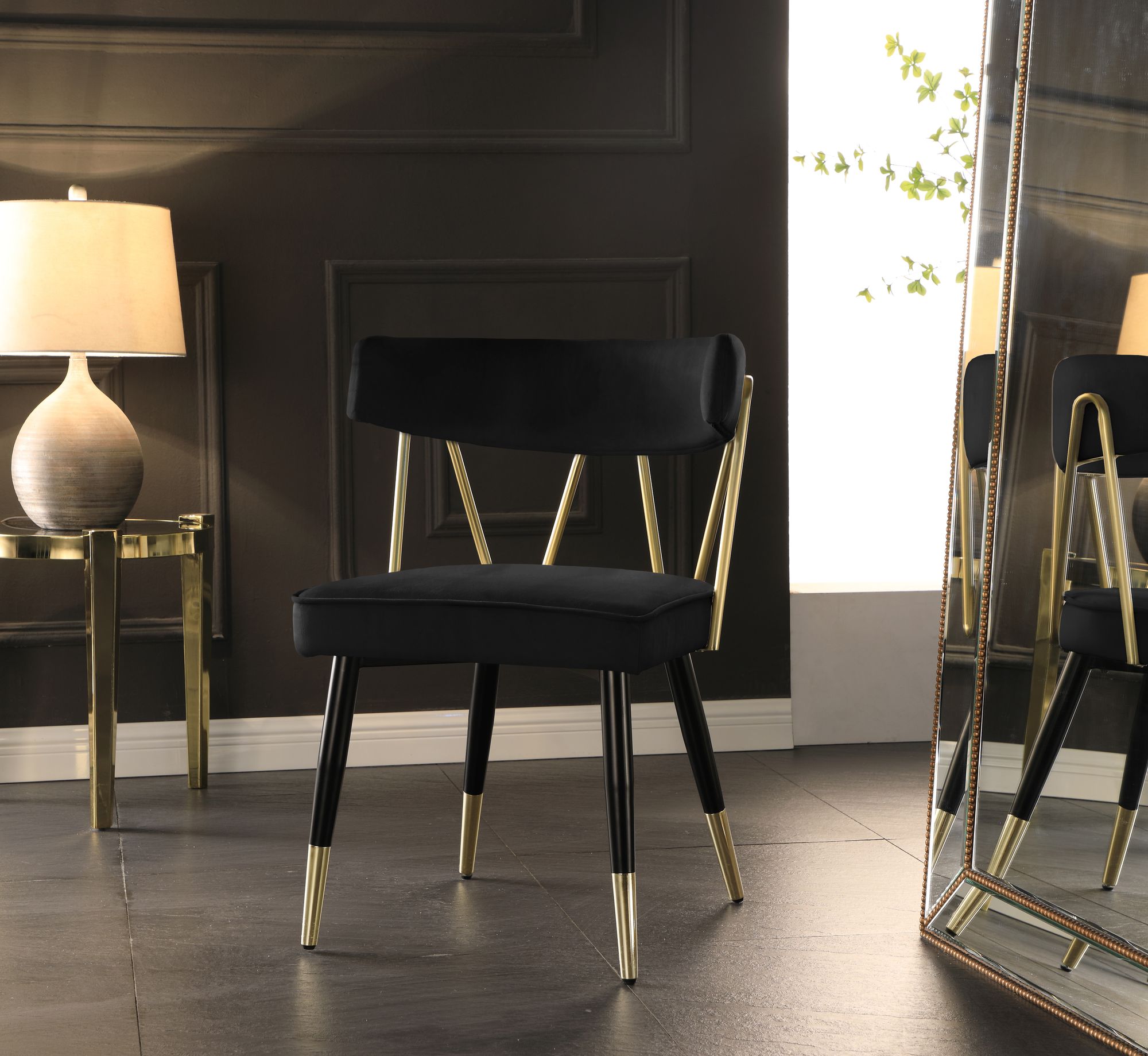 Rheingold Velvet Dining Chair with Matte Black Metal Legs & Gold Tips
