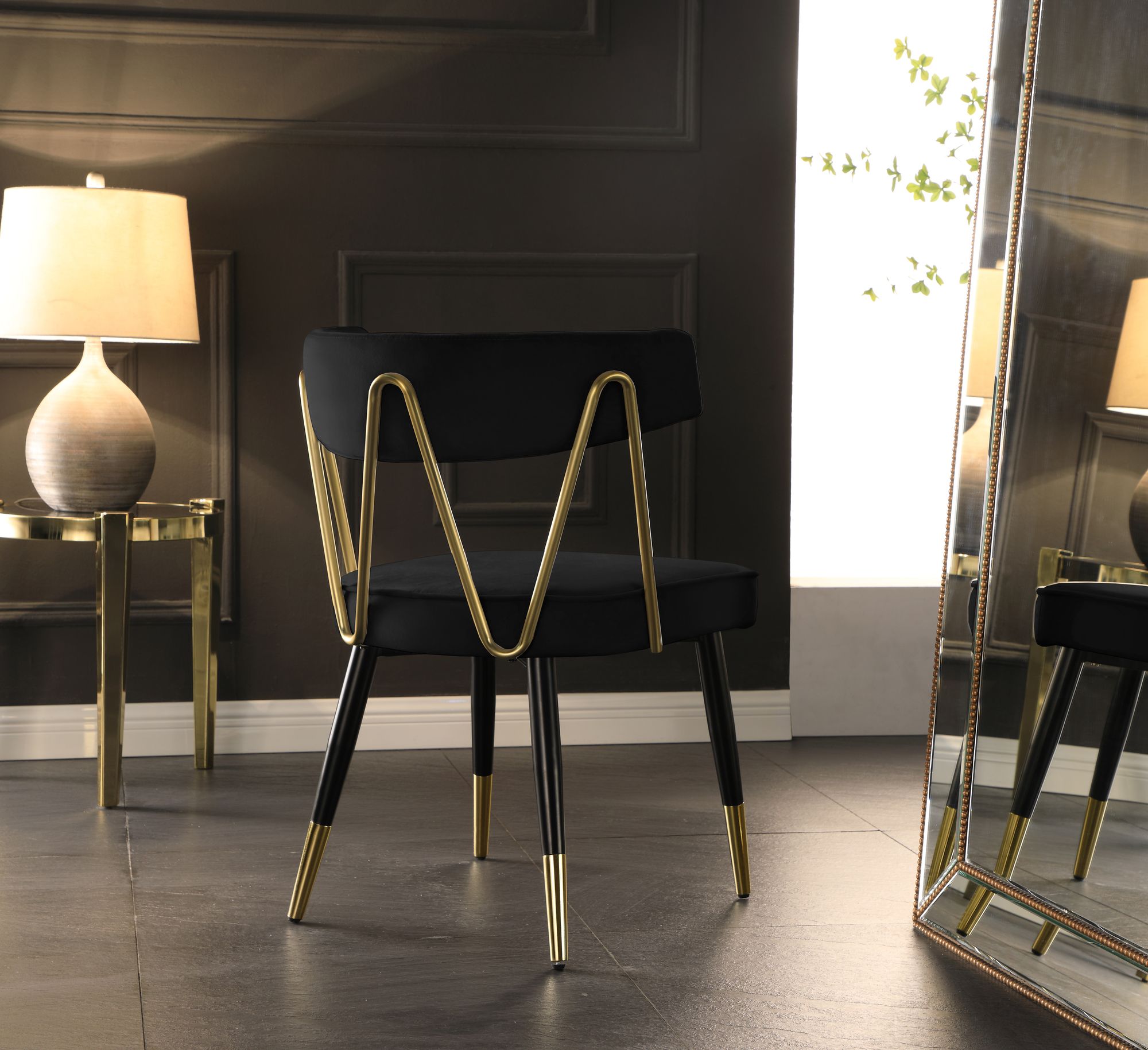 Rheingold Velvet Dining Chair with Matte Black Metal Legs & Gold Tips