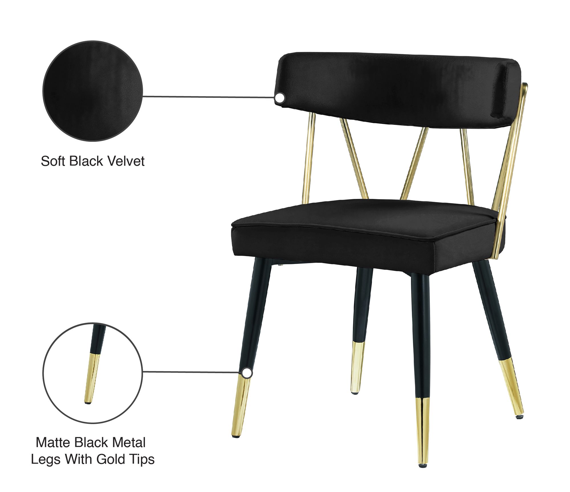 Rheingold Velvet Dining Chair with Matte Black Metal Legs & Gold Tips
