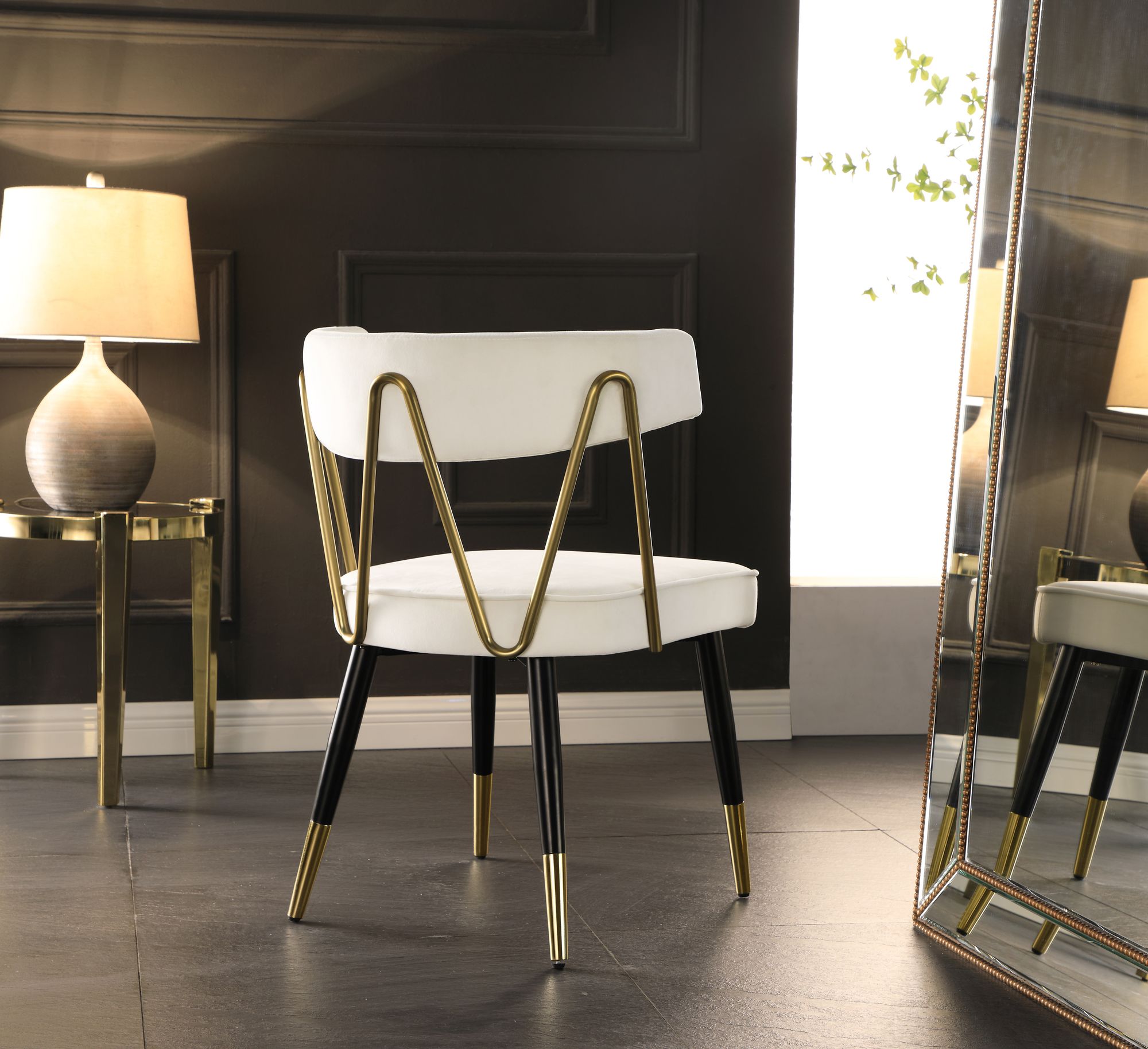Rheingold Velvet Dining Chair with Matte Black Metal Legs & Gold Tips