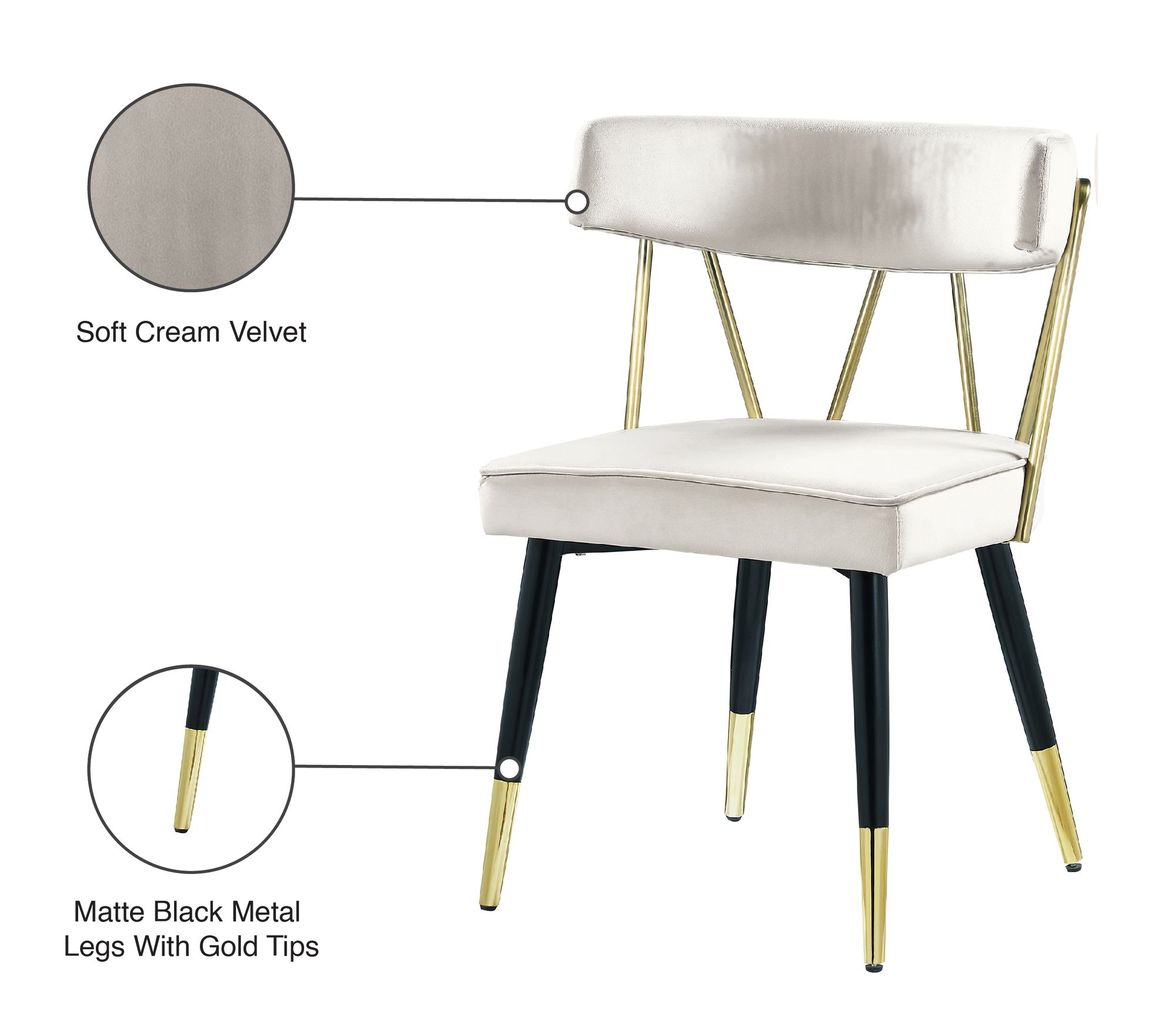 Rheingold Dining Chair with Matte Black Metal Legs & Gold Tips