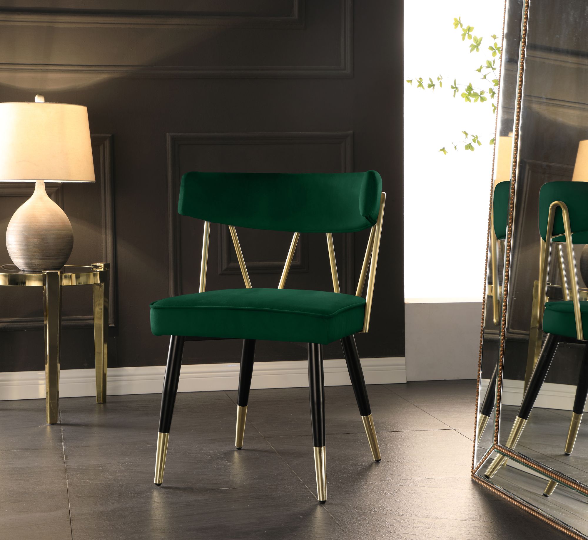 Rheingold Velvet Dining Chair with Matte Black Metal Legs & Gold Tips