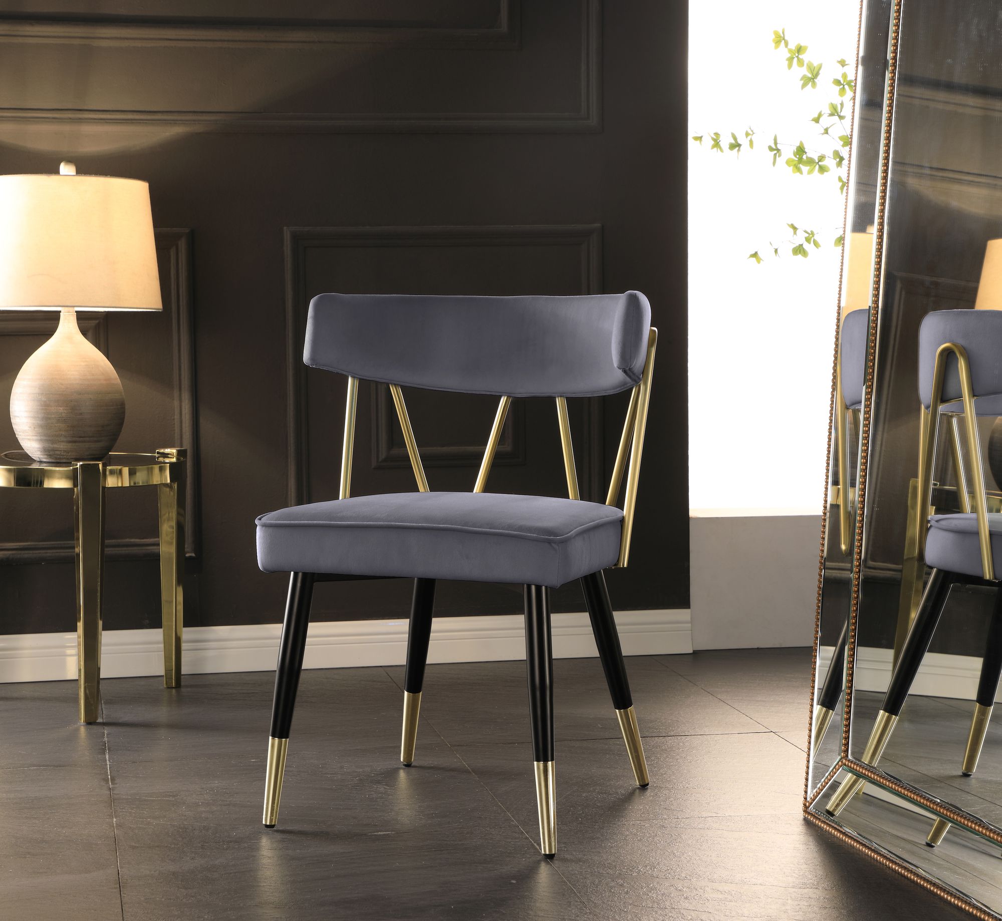Rheingold Velvet Dining Chair with Matte Black Metal Legs & Gold Tips