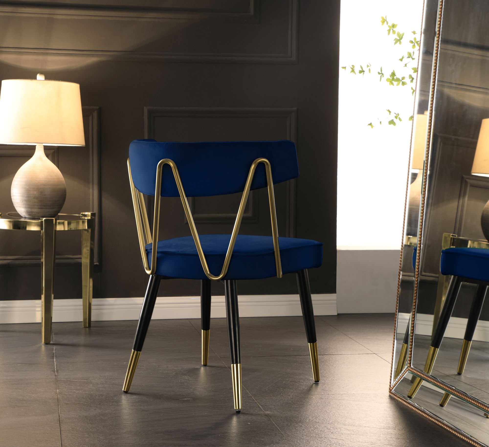 Rheingold Dining Chair with Matte Black Metal Legs & Gold Tips