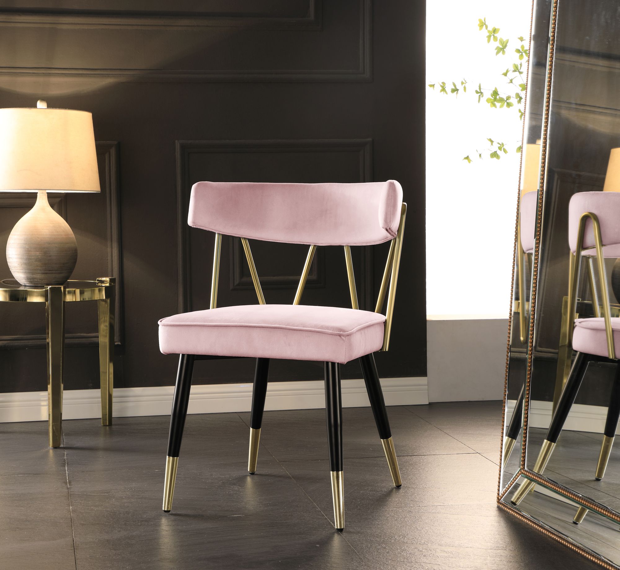 Rheingold Velvet Dining Chair with Matte Black Metal Legs & Gold Tips