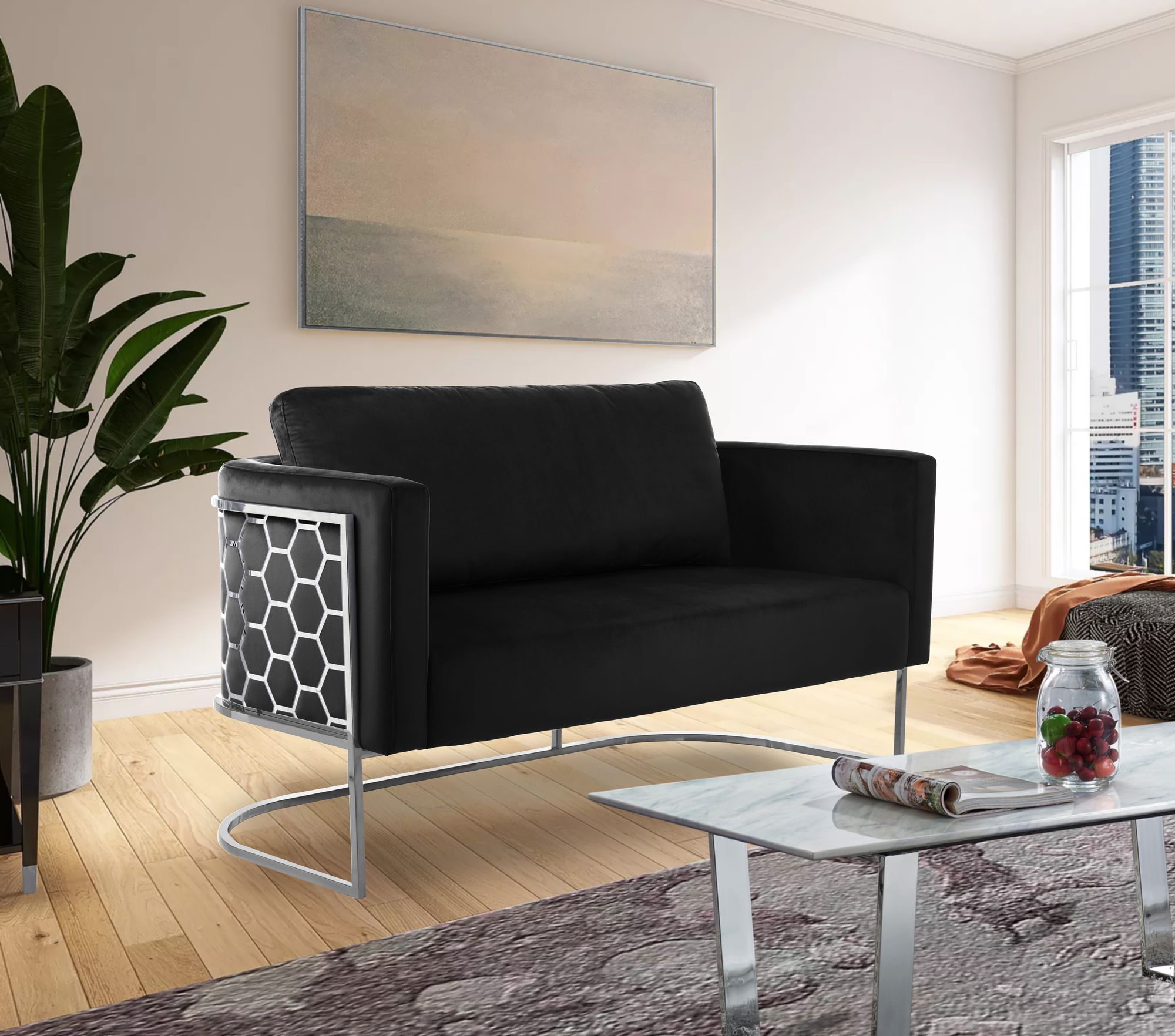 Casa Velvet Loveseat with Chrome Iron Metal Base