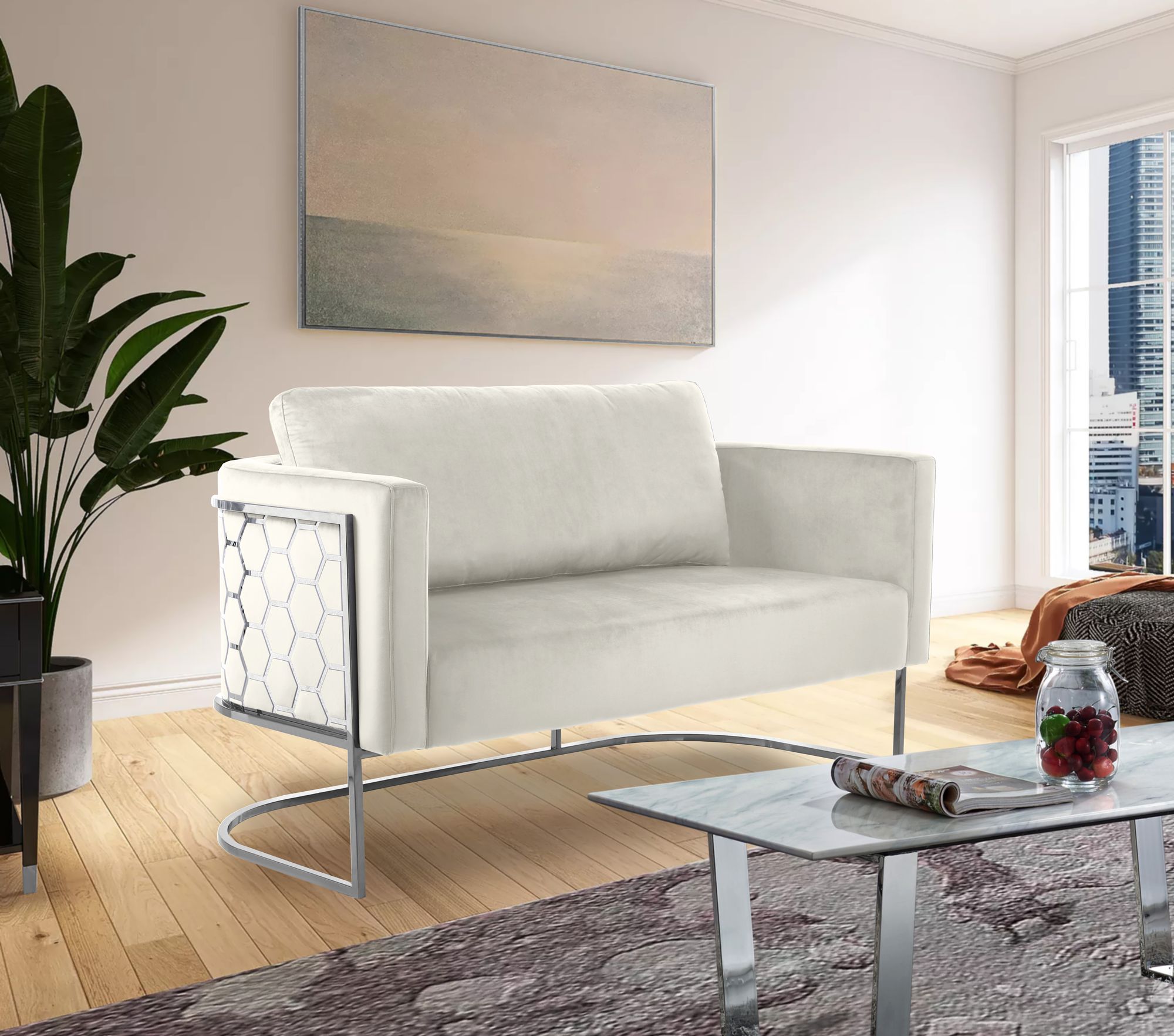 Casa Velvet Loveseat with Chrome Iron Metal Base