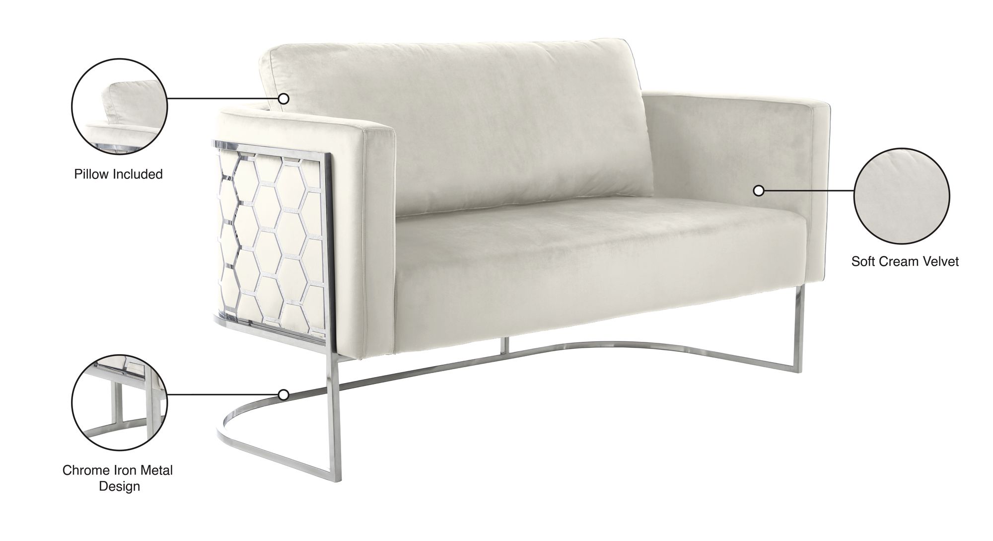 Casa Velvet Loveseat with Chrome Iron Metal Base