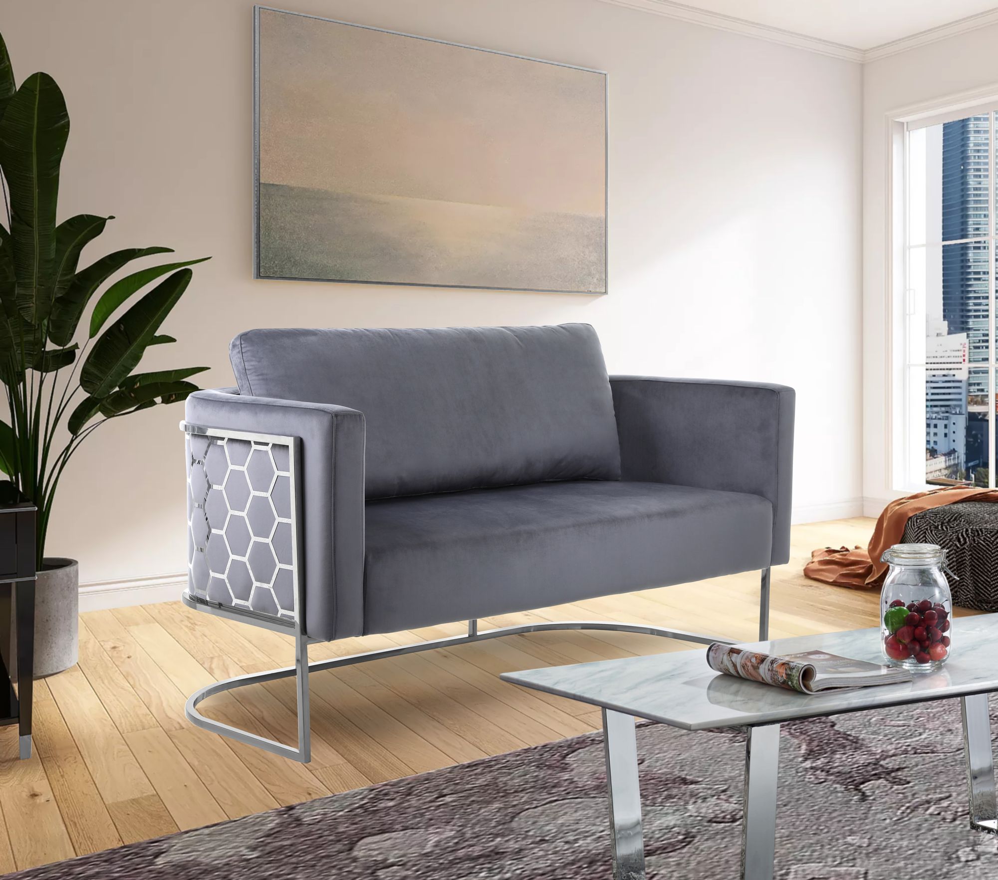 Casa Velvet Loveseat with Chrome Iron Metal Base