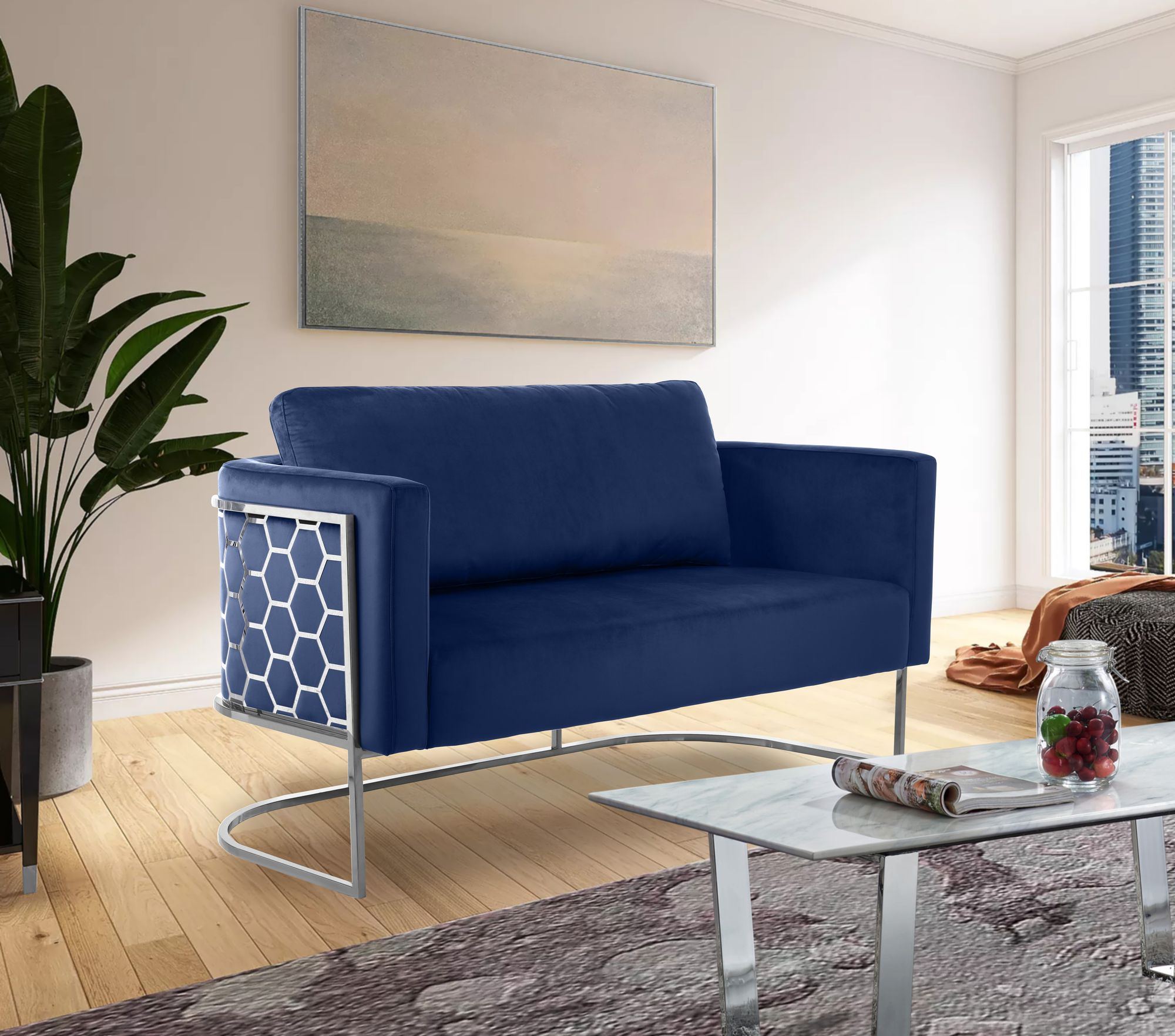Casa Velvet Loveseat with Chrome Iron Metal Base