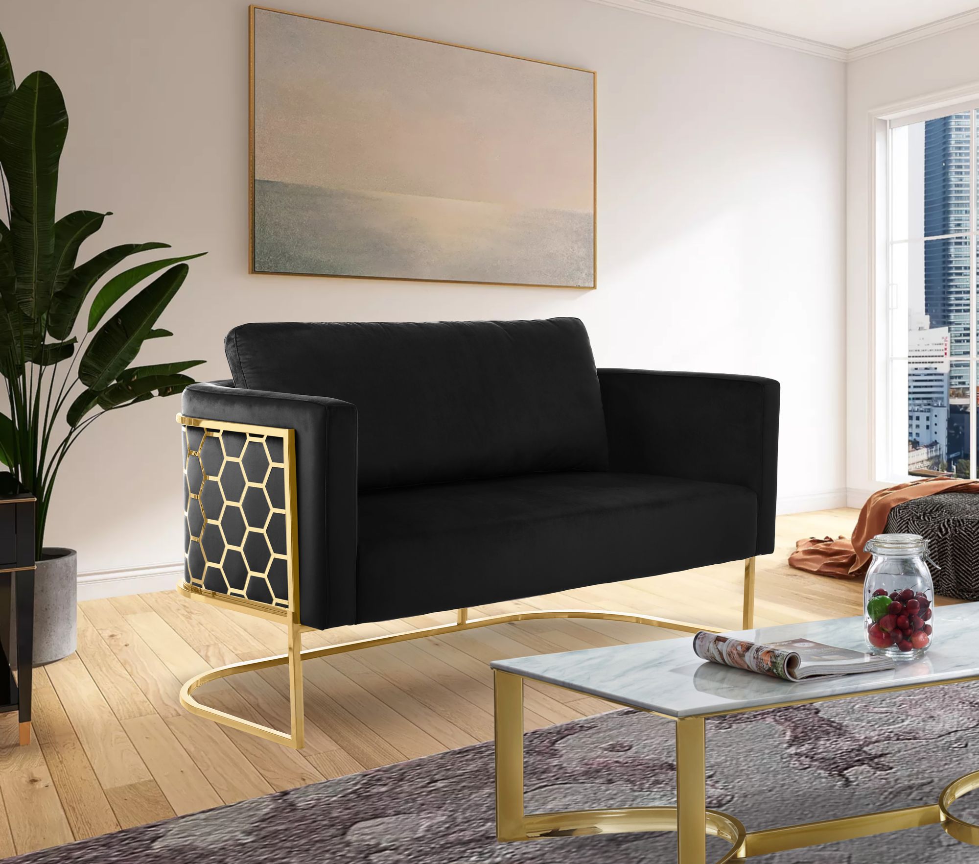 Casa Velvet Loveseat with Gold Iron Metal Base