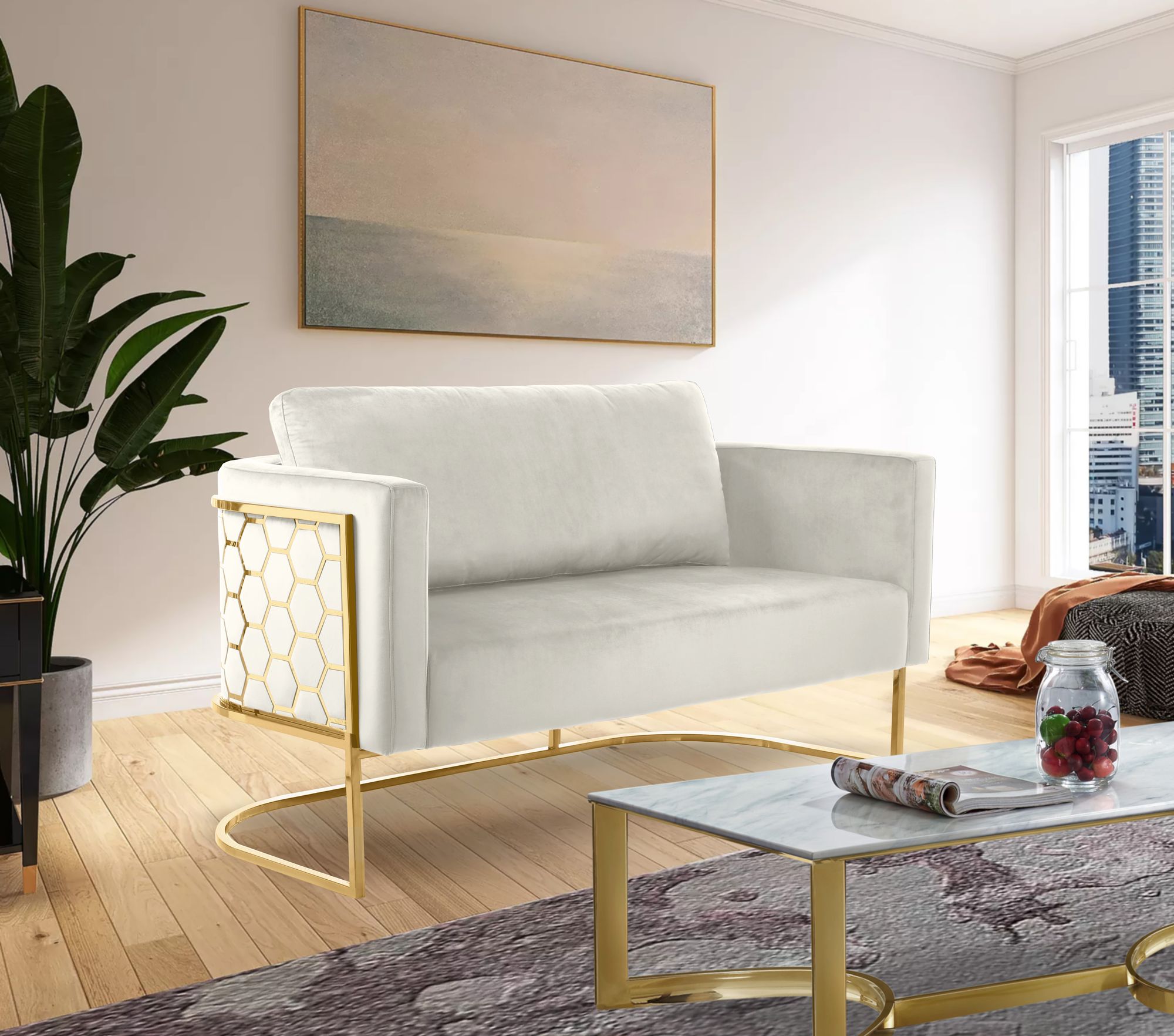 Casa Velvet Loveseat with Gold Iron Metal Base