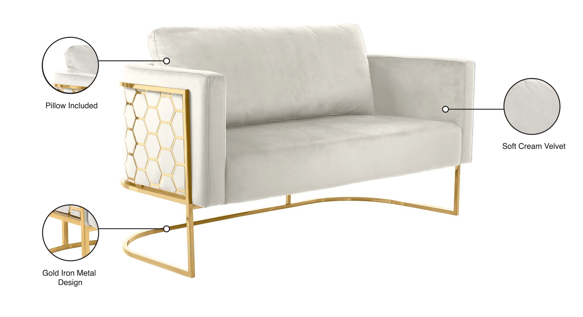 Casa Velvet Loveseat with Gold Iron Metal Base