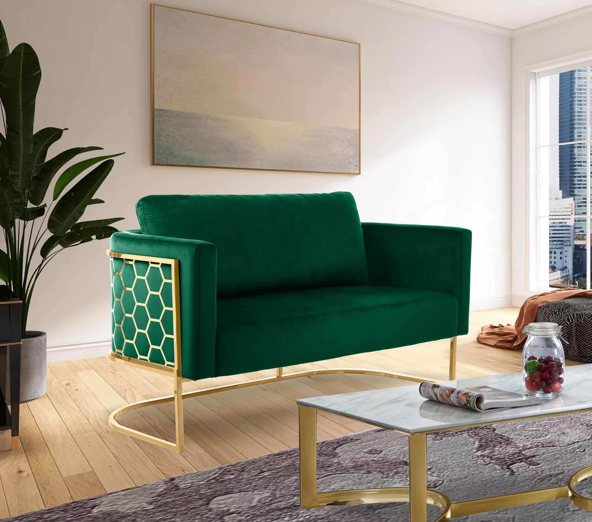 Casa Velvet Loveseat with Gold Iron Metal Base
