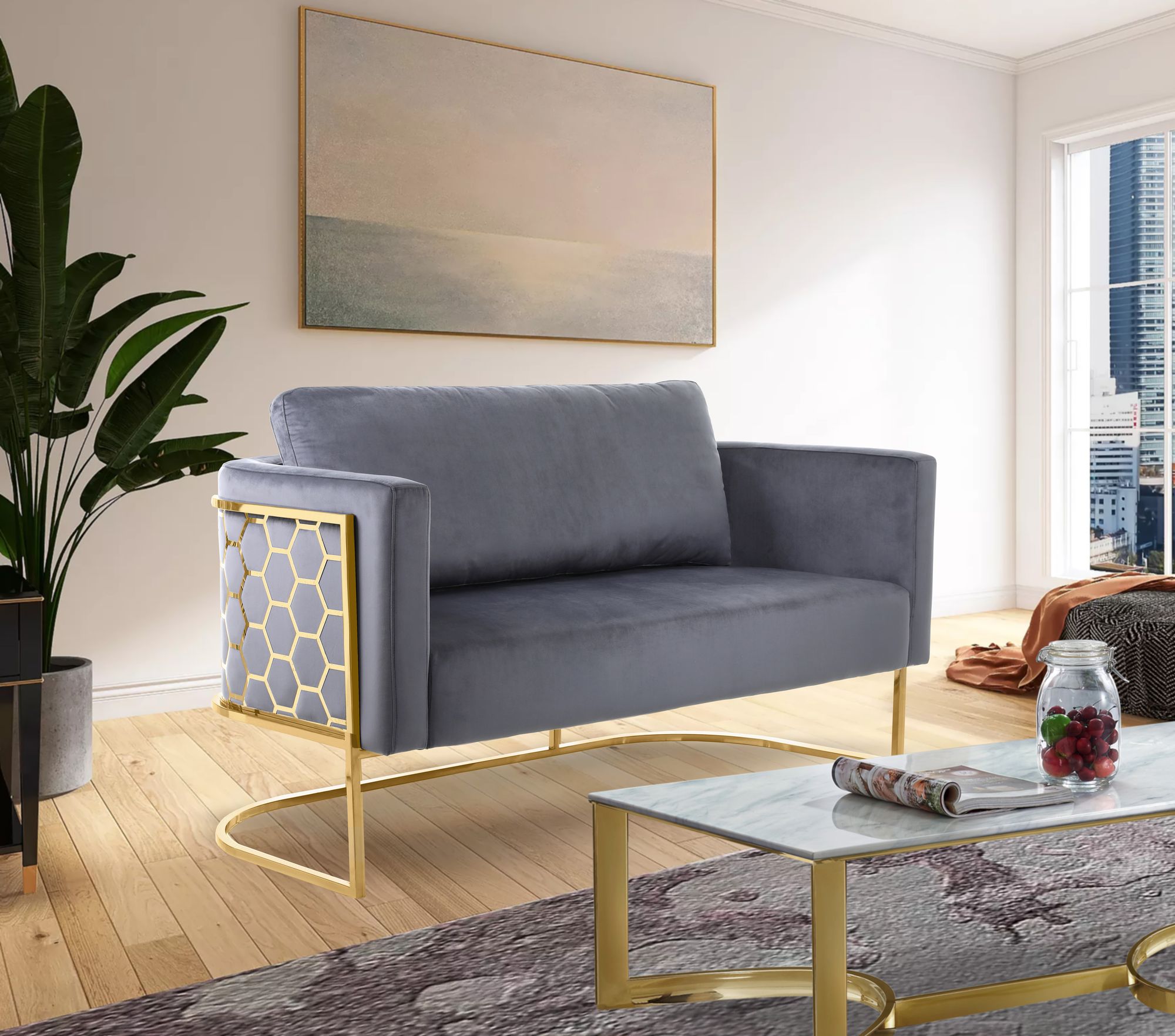 Casa Velvet Loveseat with Gold Iron Metal Base