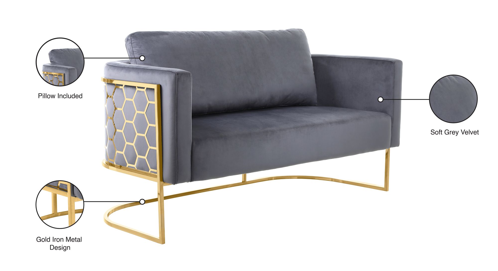 Casa Velvet Loveseat with Gold Iron Metal Base