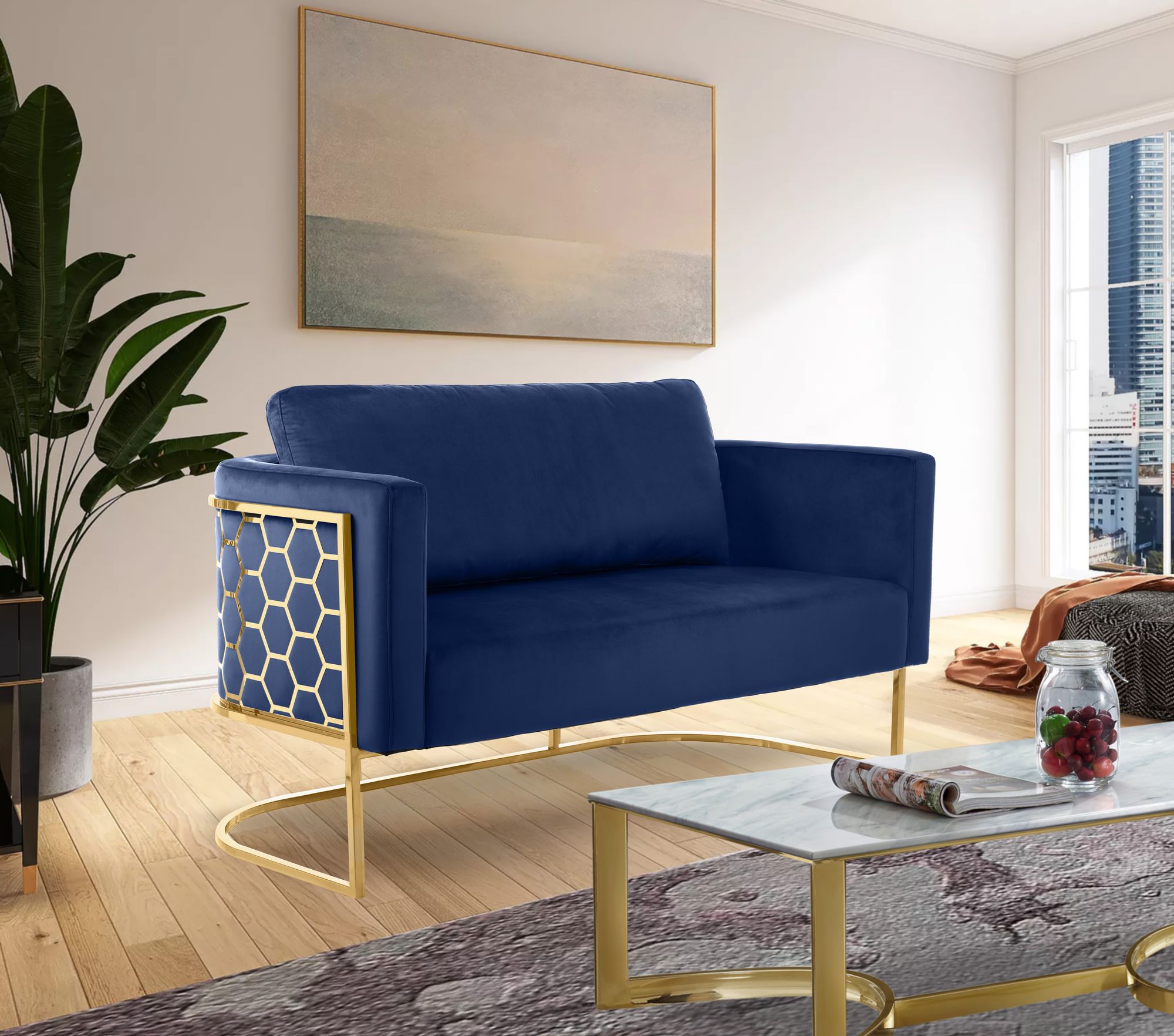 Casa Velvet Loveseat with Gold Iron Metal Base