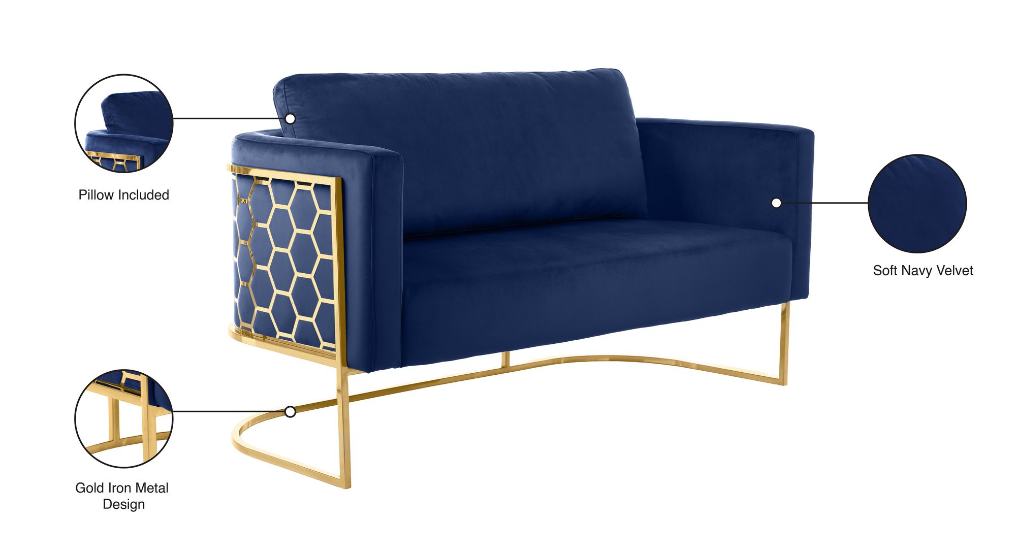 Casa Velvet Loveseat with Gold Iron Metal Base