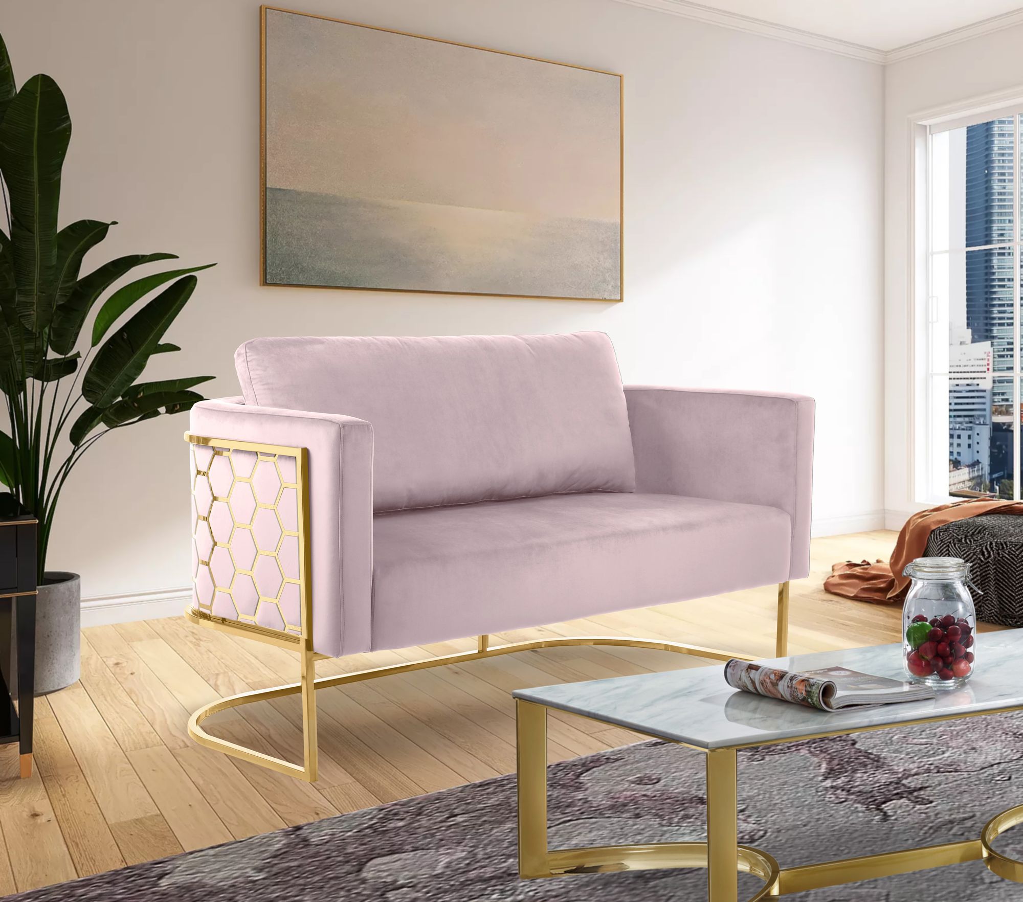 Casa Velvet Loveseat with Gold Iron Metal Base