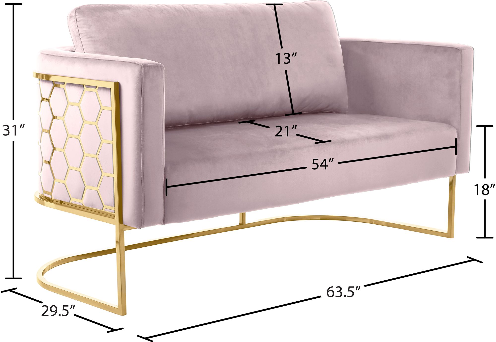 Casa Velvet Loveseat with Gold Iron Metal Base