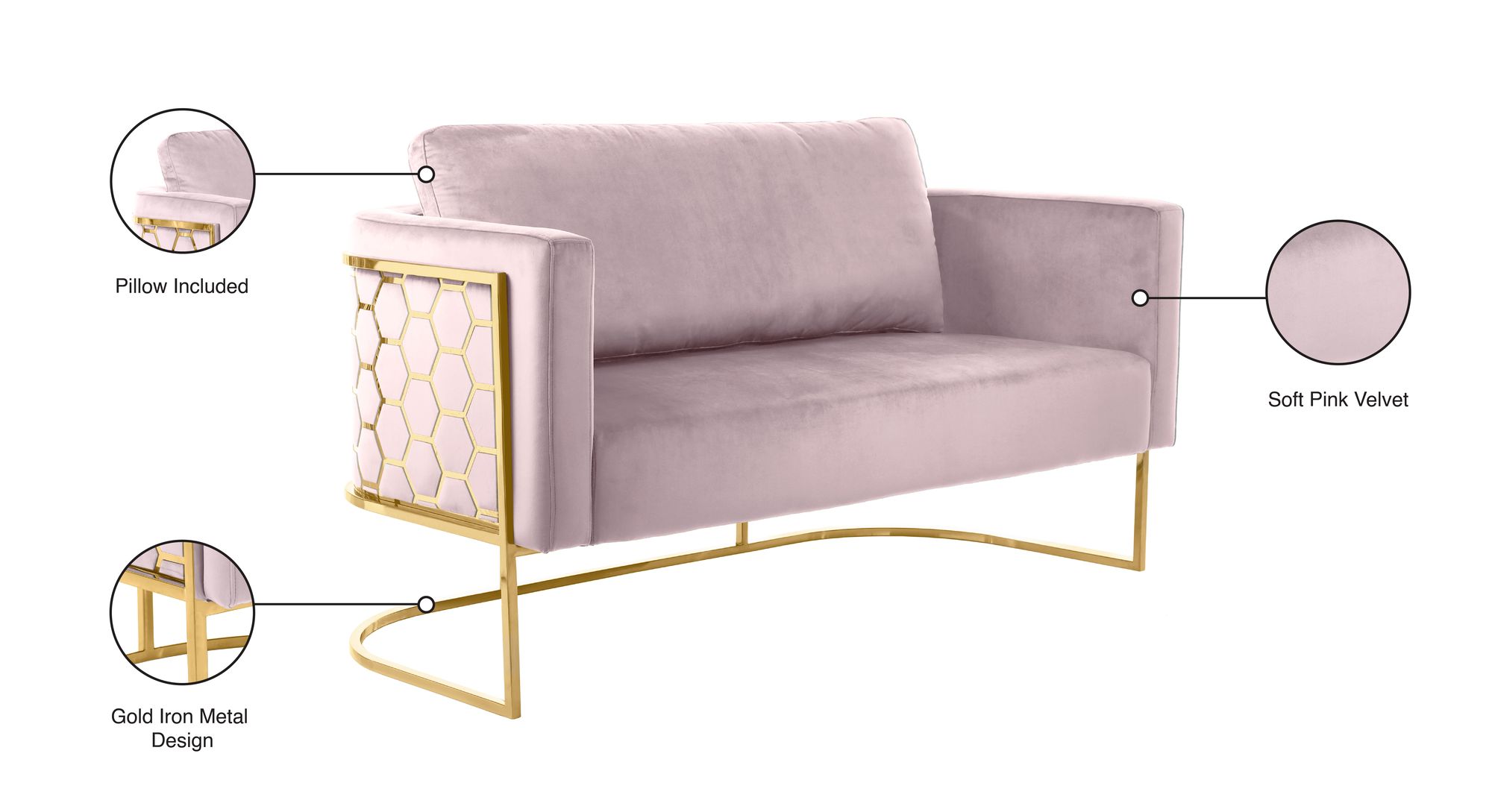 Casa Velvet Loveseat with Gold Iron Metal Base