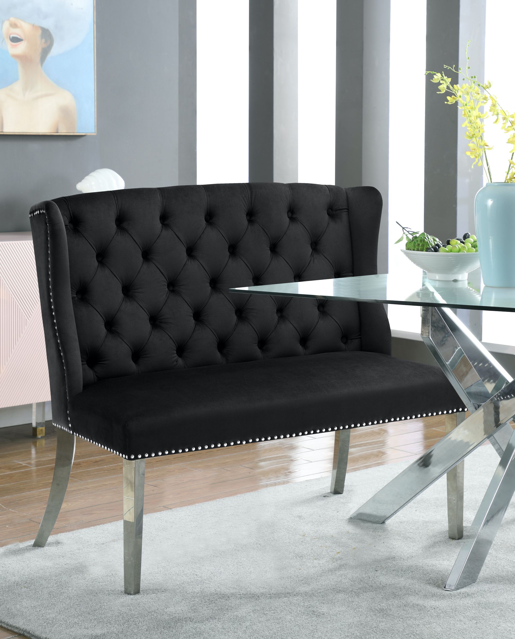 Suri Velvet Settee Bench with Chrome Stainless Steel Legs