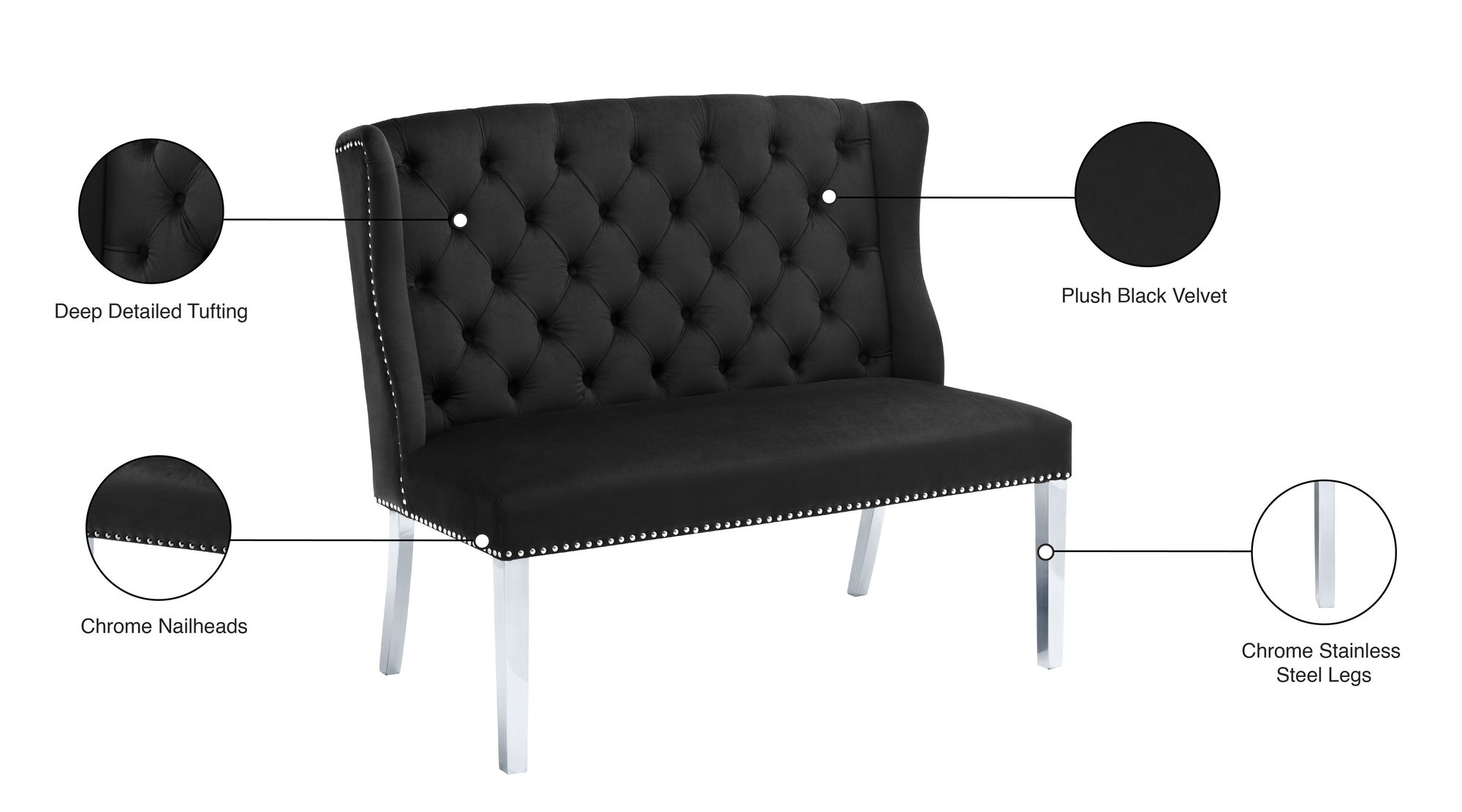 Suri Velvet Settee Bench with Chrome Stainless Steel Legs