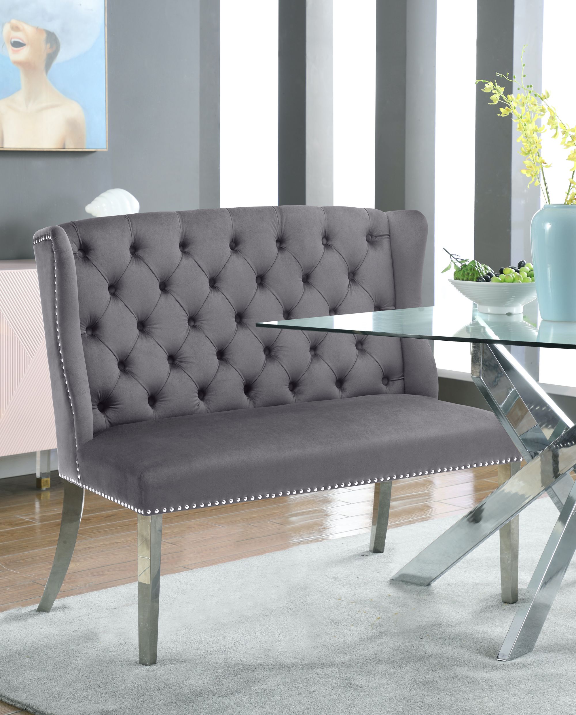 Suri Velvet Settee Bench with Chrome Stainless Steel Legs